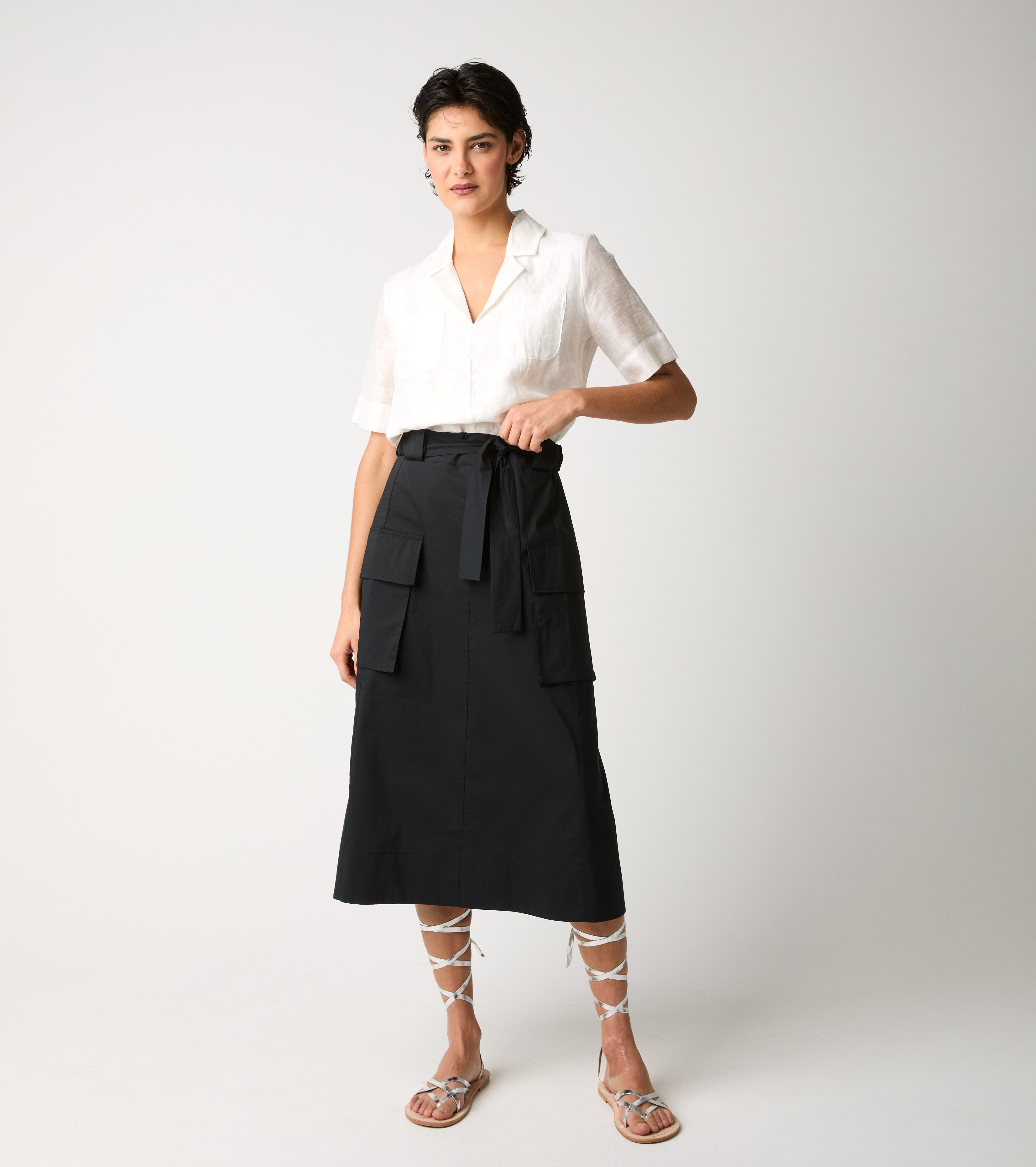 Abito in cotone e lino con cintura bianco