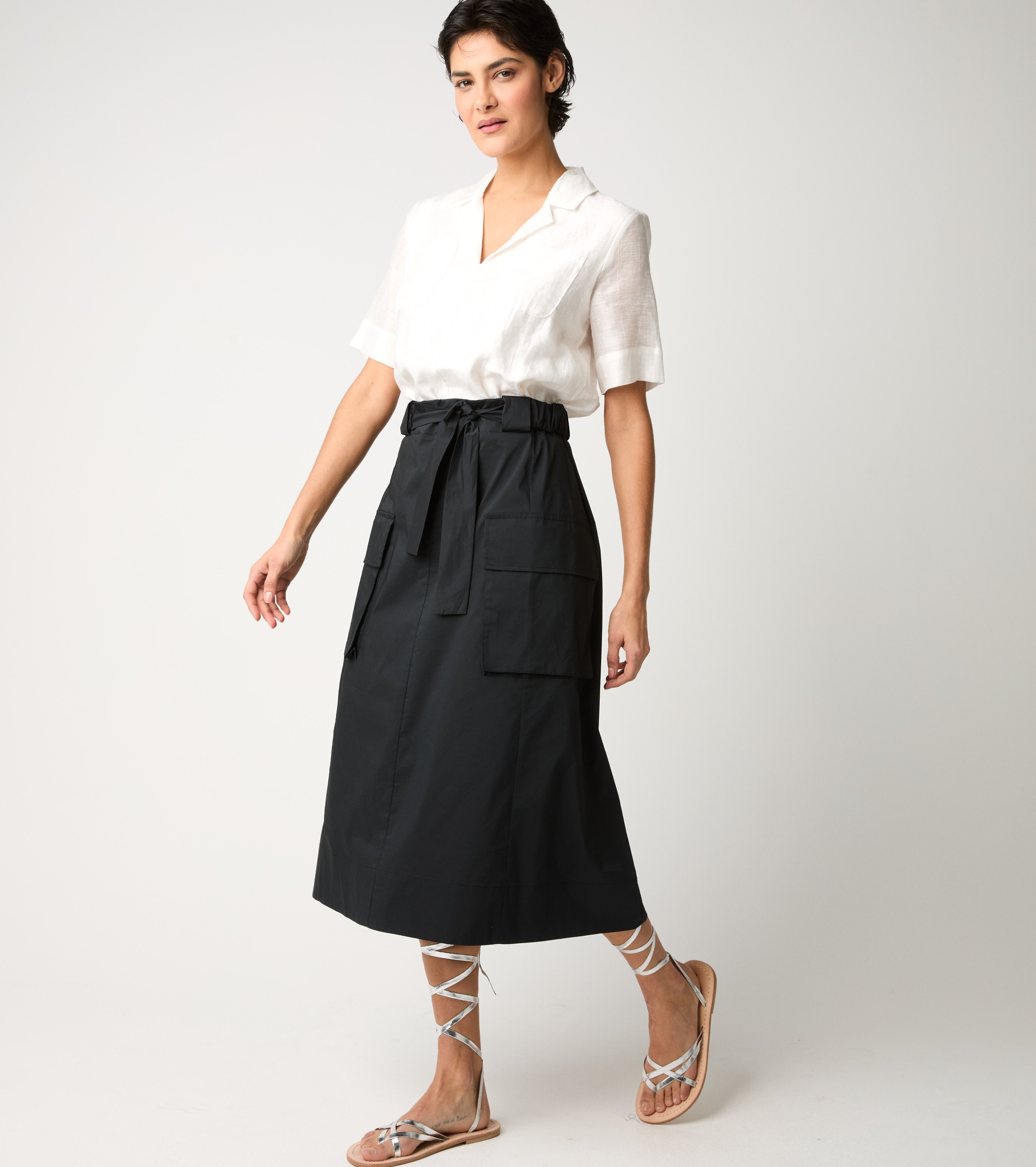 Abito in cotone e lino con cintura bianco