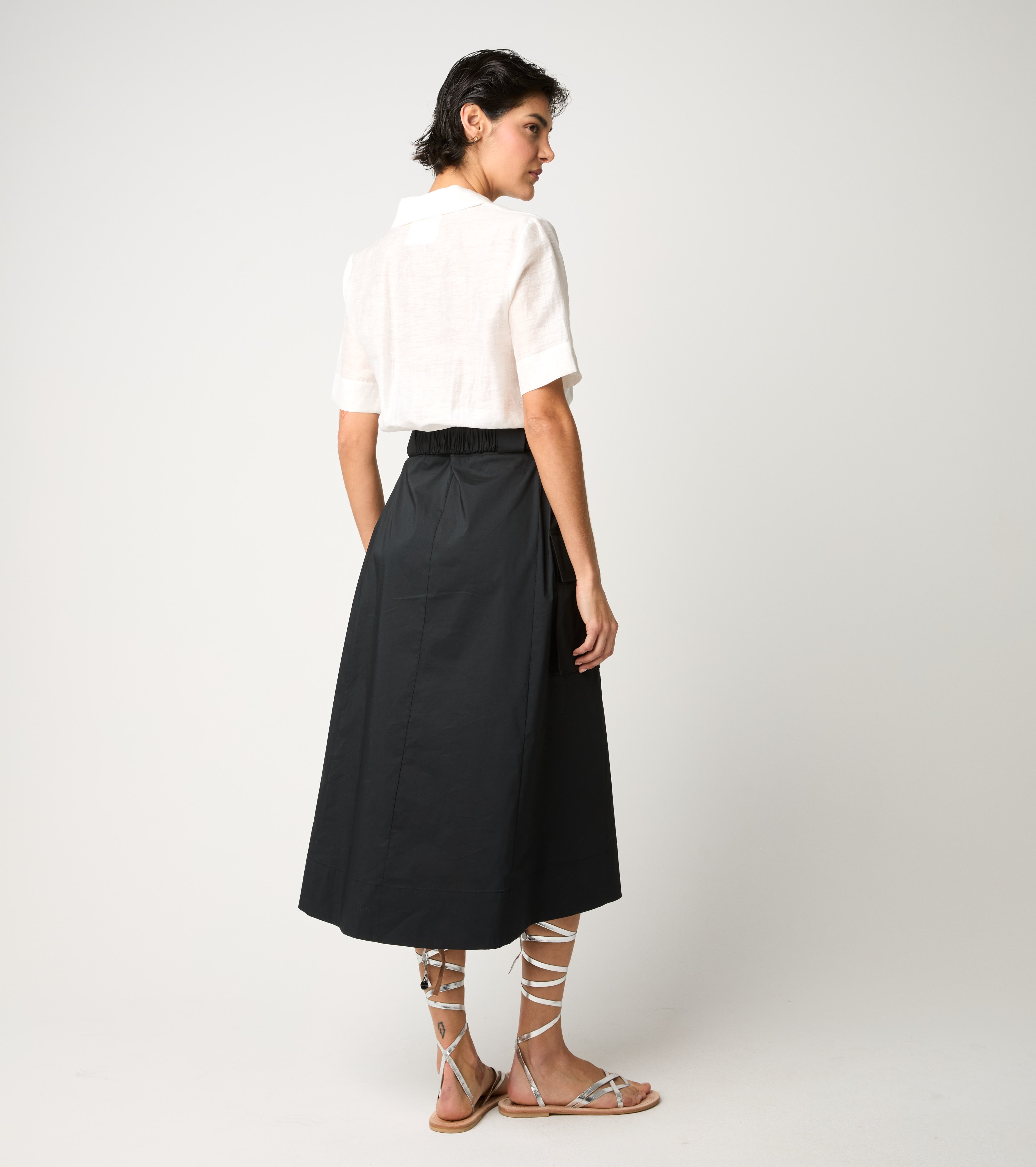 Abito in cotone e lino con cintura bianco