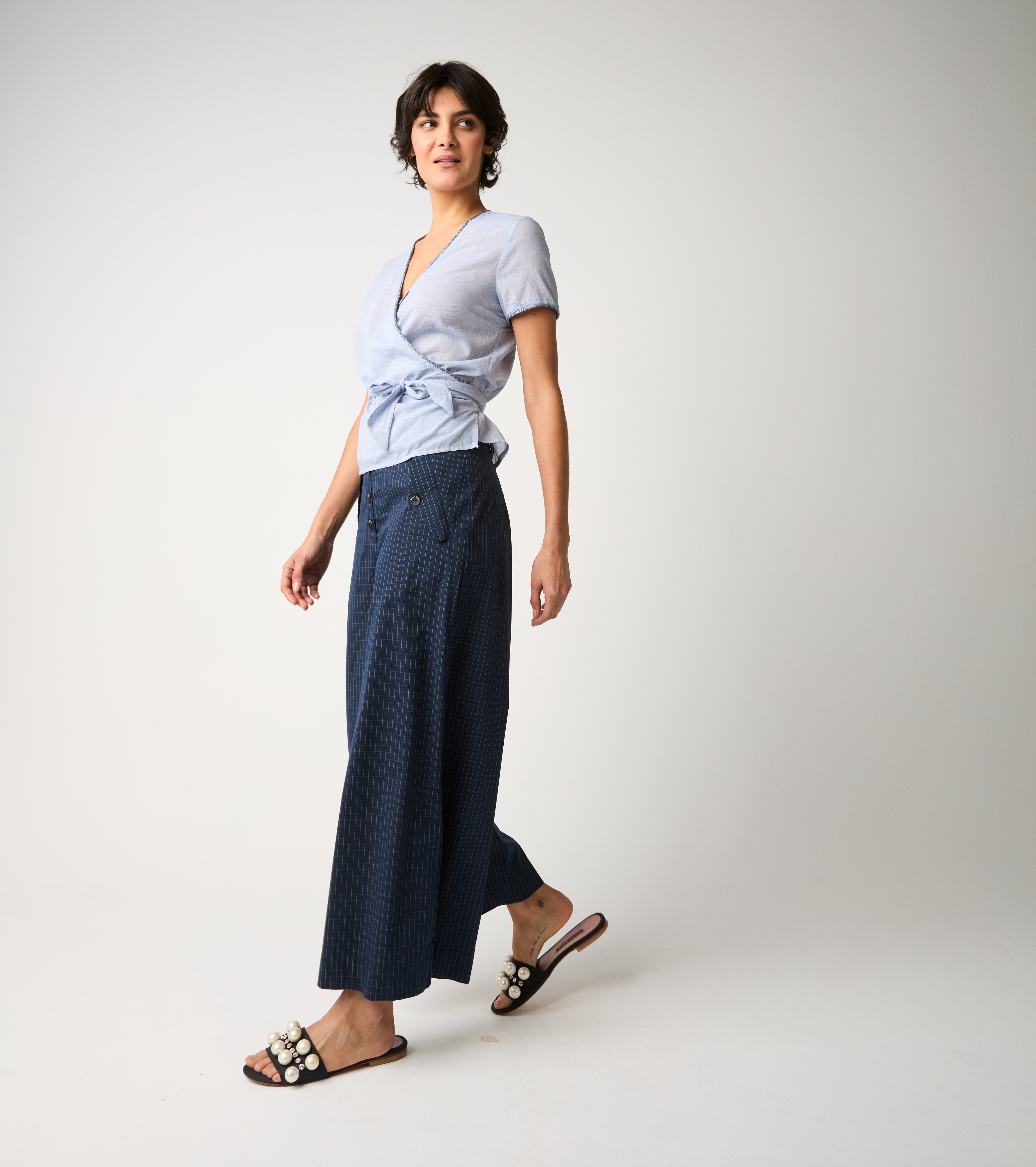 Pantaloni a palazzo con motivo check blu