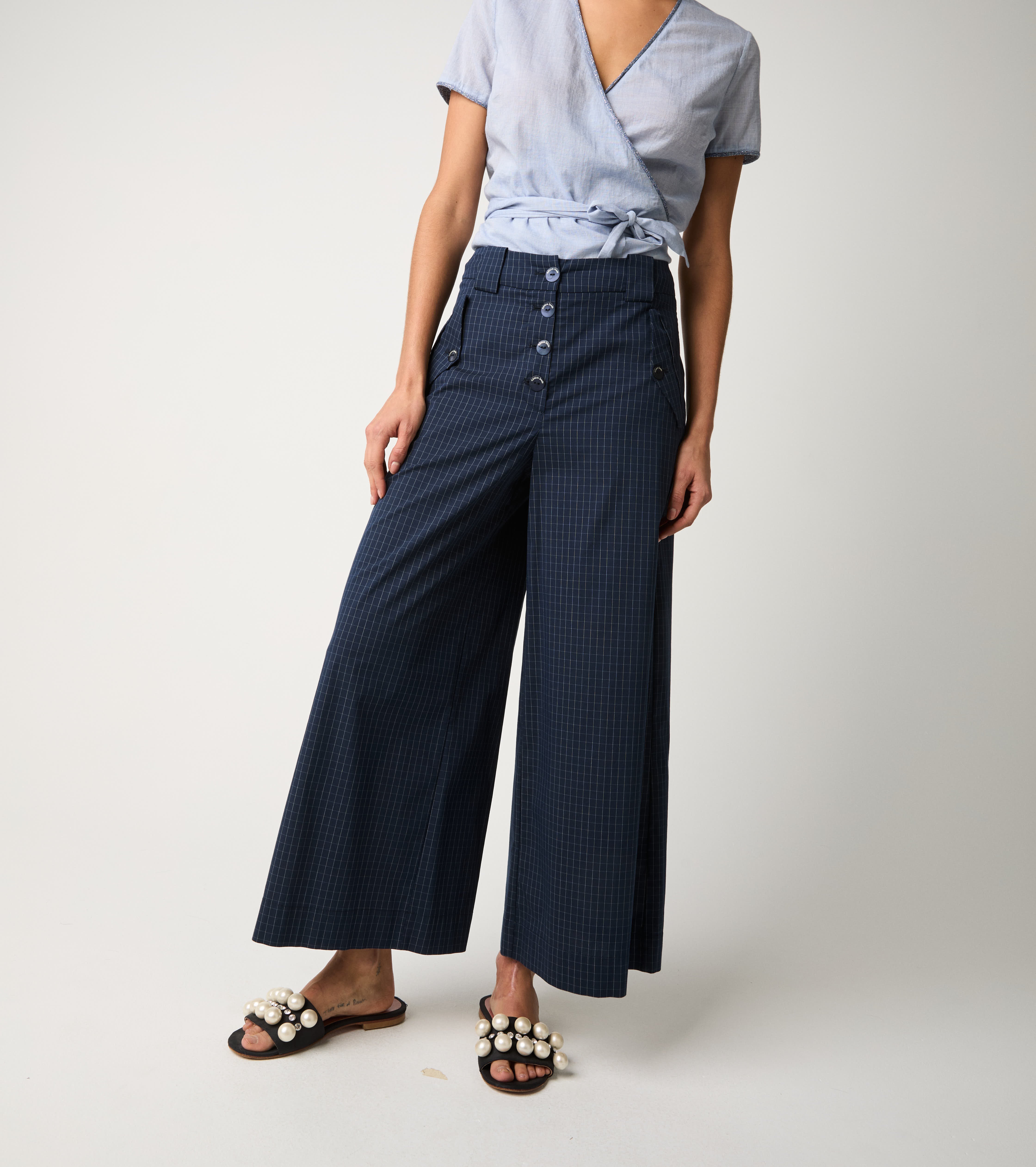 Pantaloni a palazzo con motivo check blu