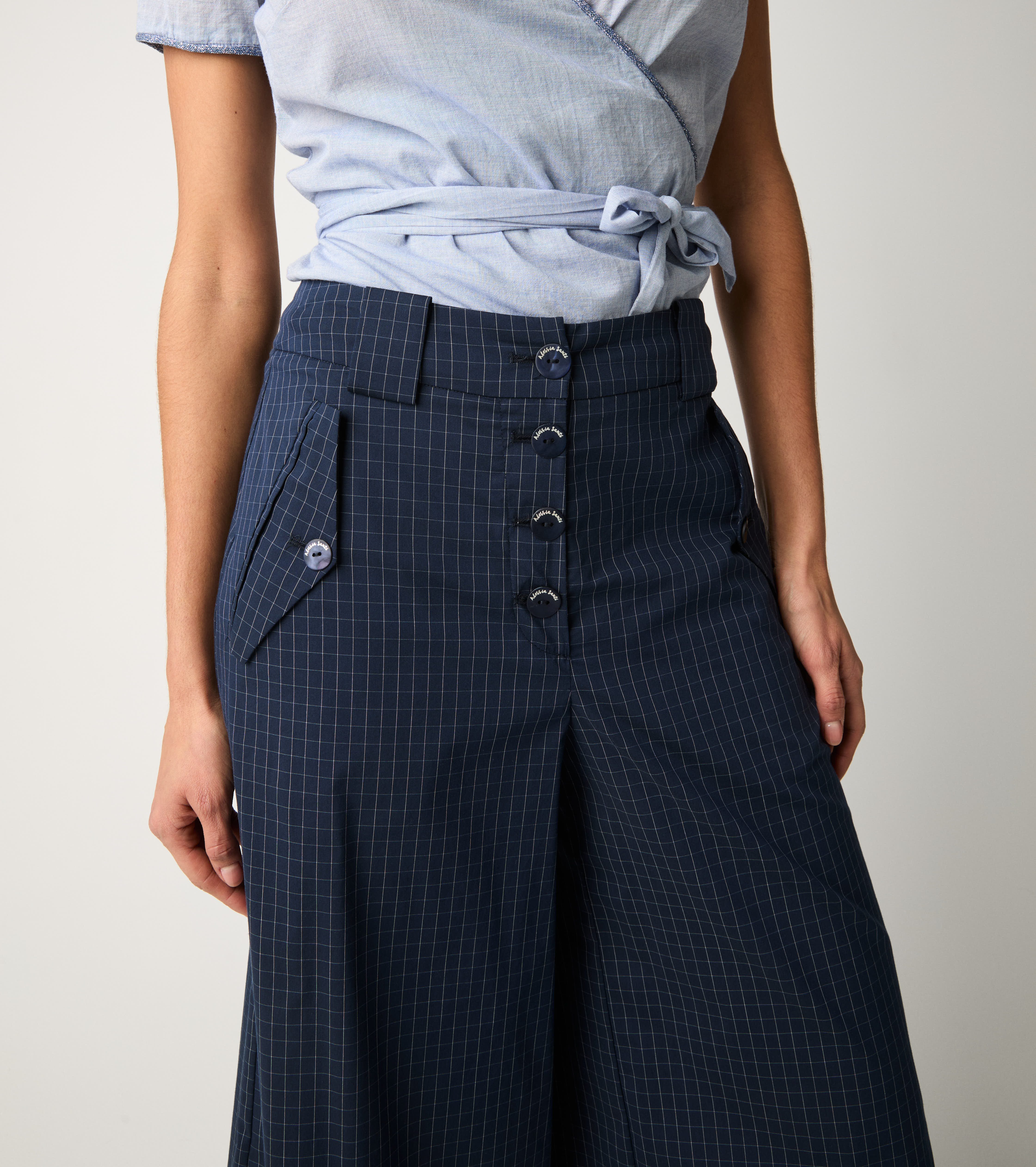 Pantaloni a palazzo con motivo check blu