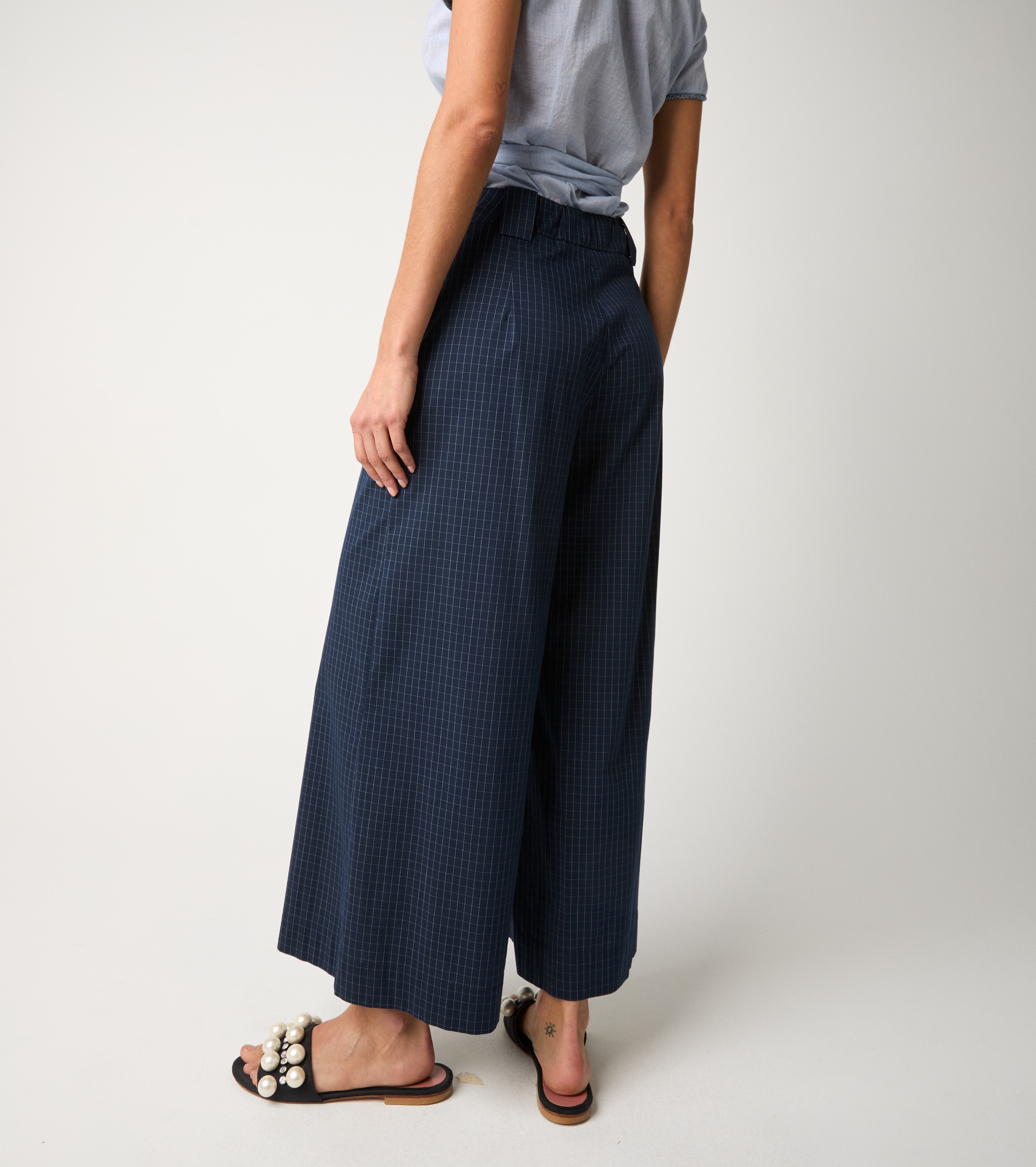 Pantaloni a palazzo con motivo check blu