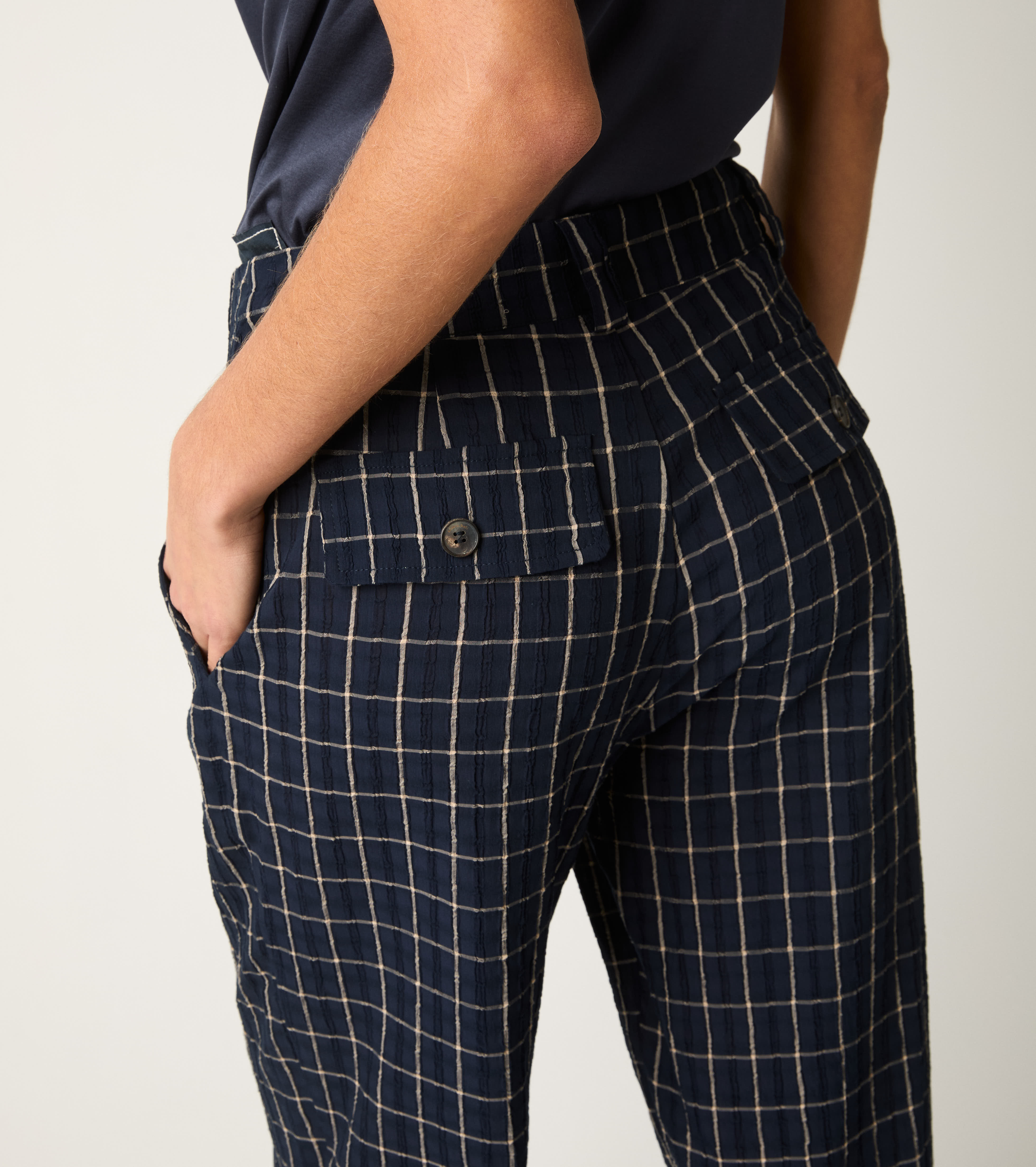 Pantaloni cropped in cotone check blu