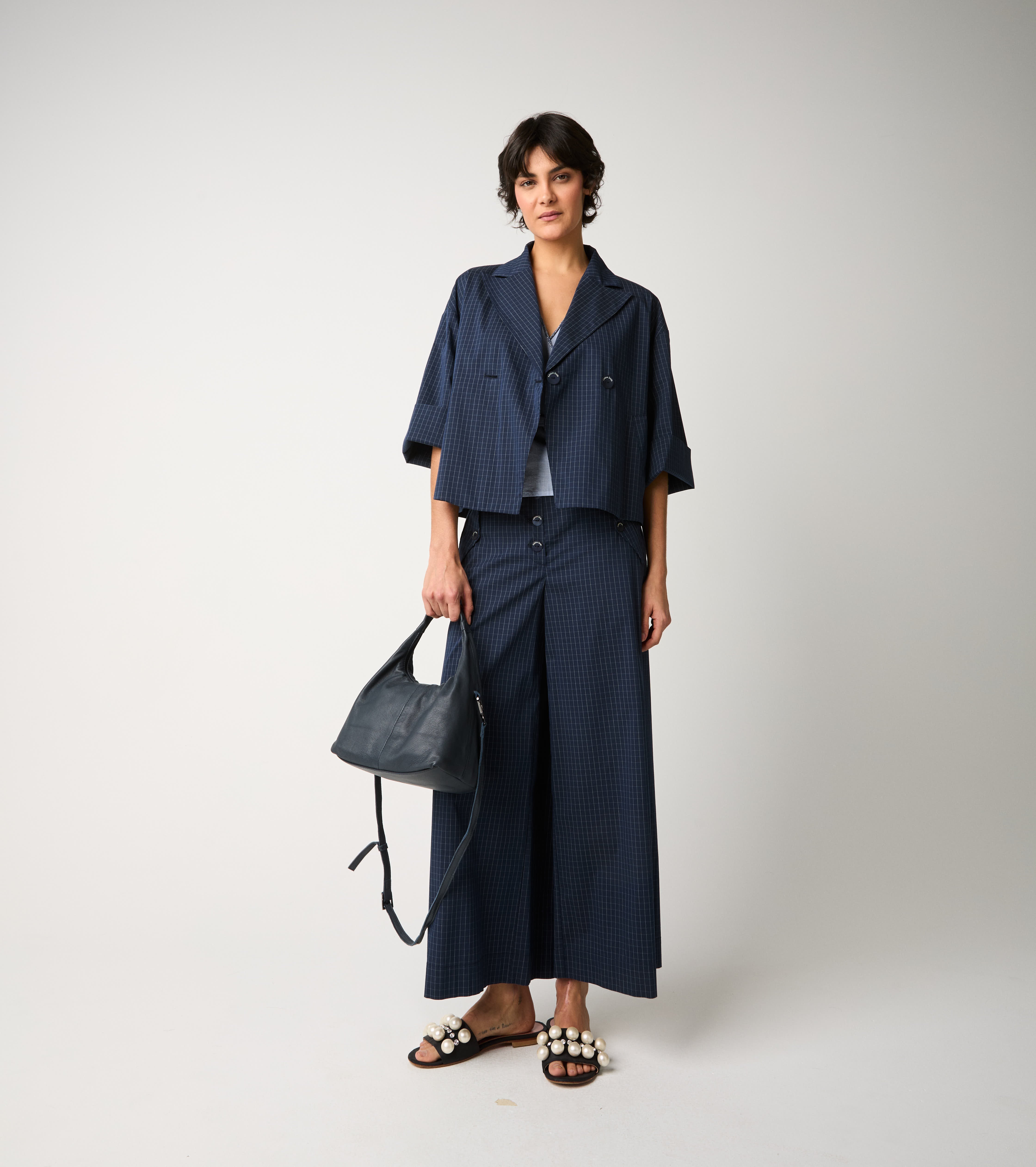 Blazer cropped in cotone check blu