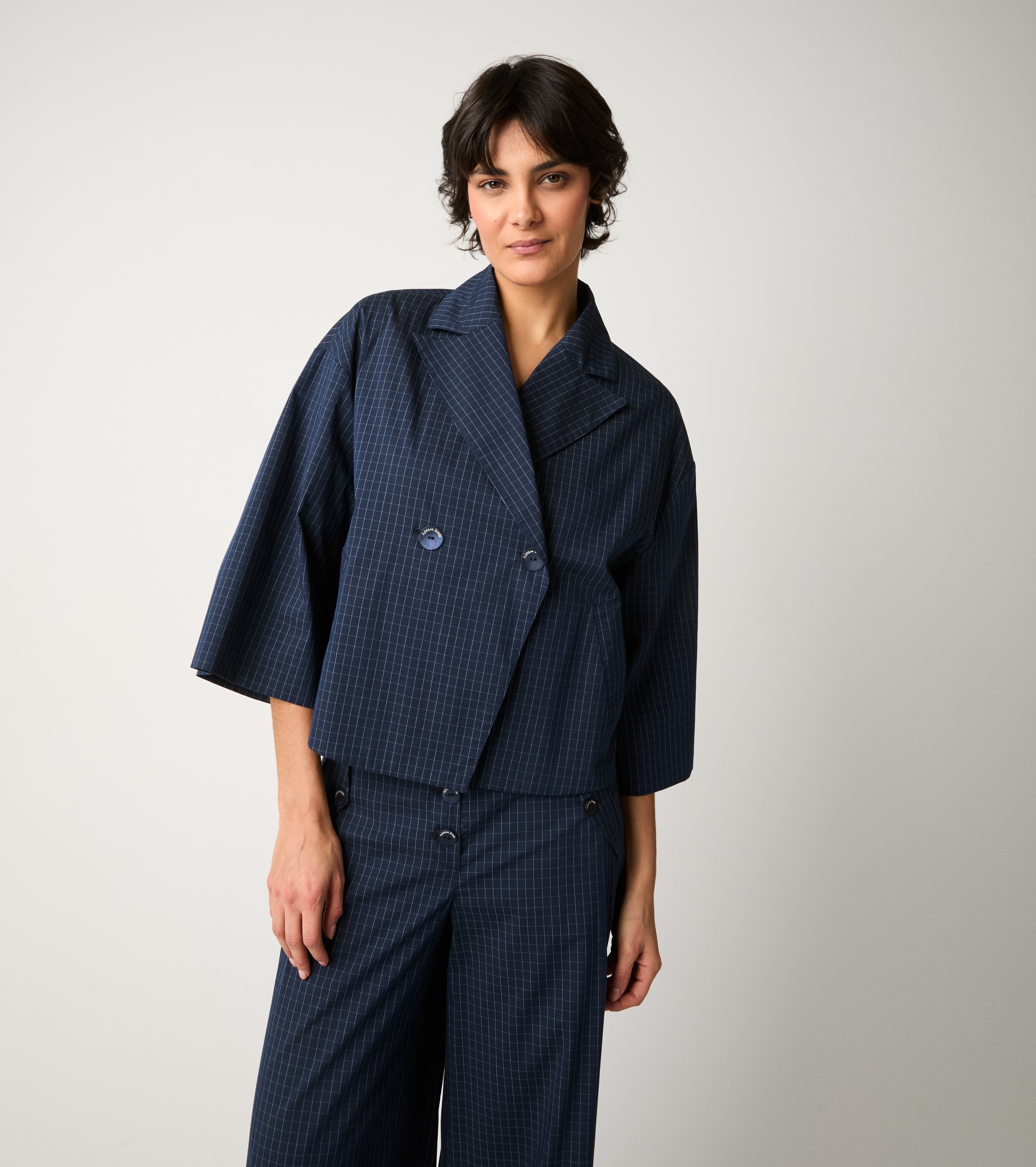 Blazer cropped in cotone check blu