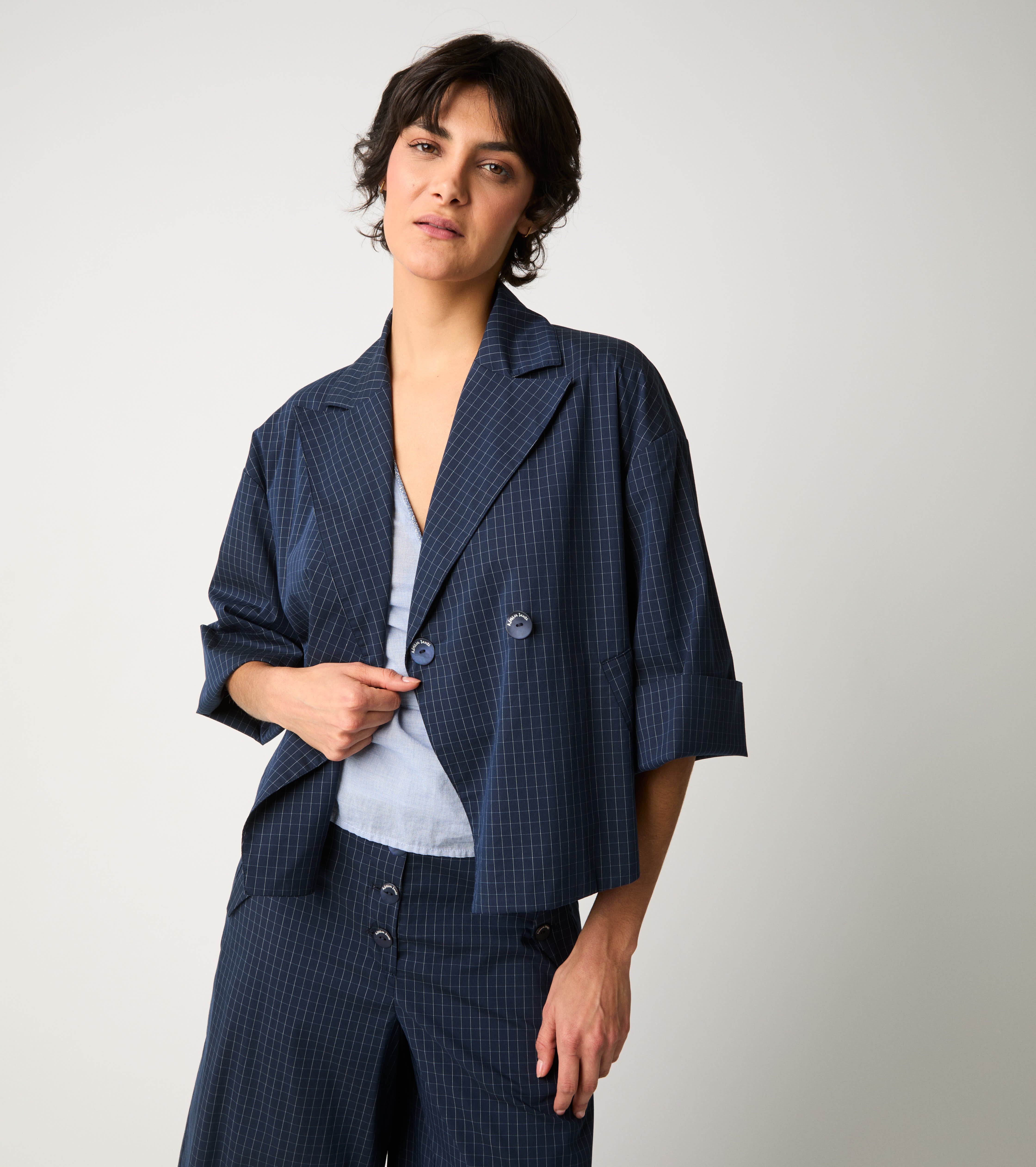 Blazer cropped in cotone check blu