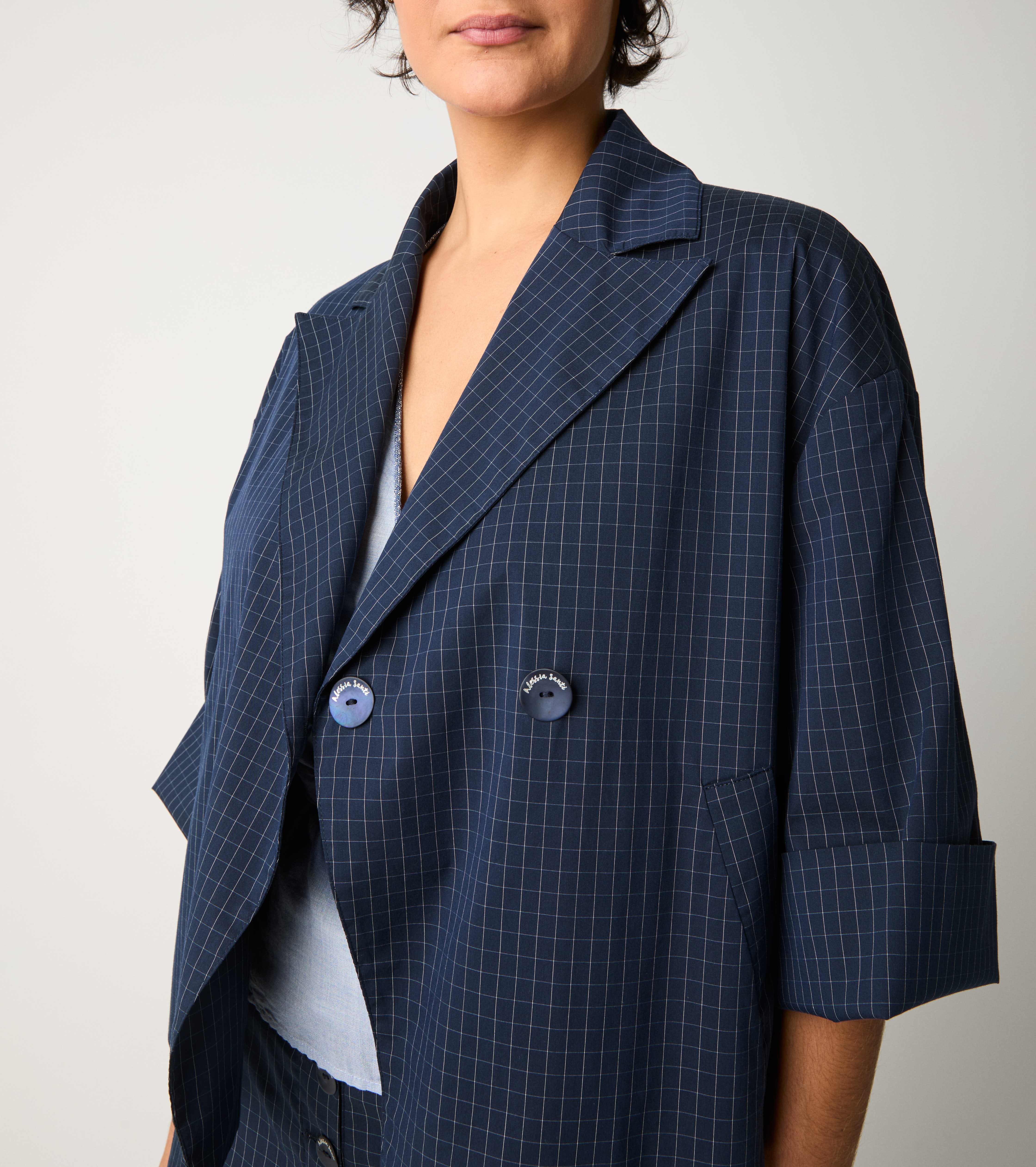 Blazer cropped in cotone check blu