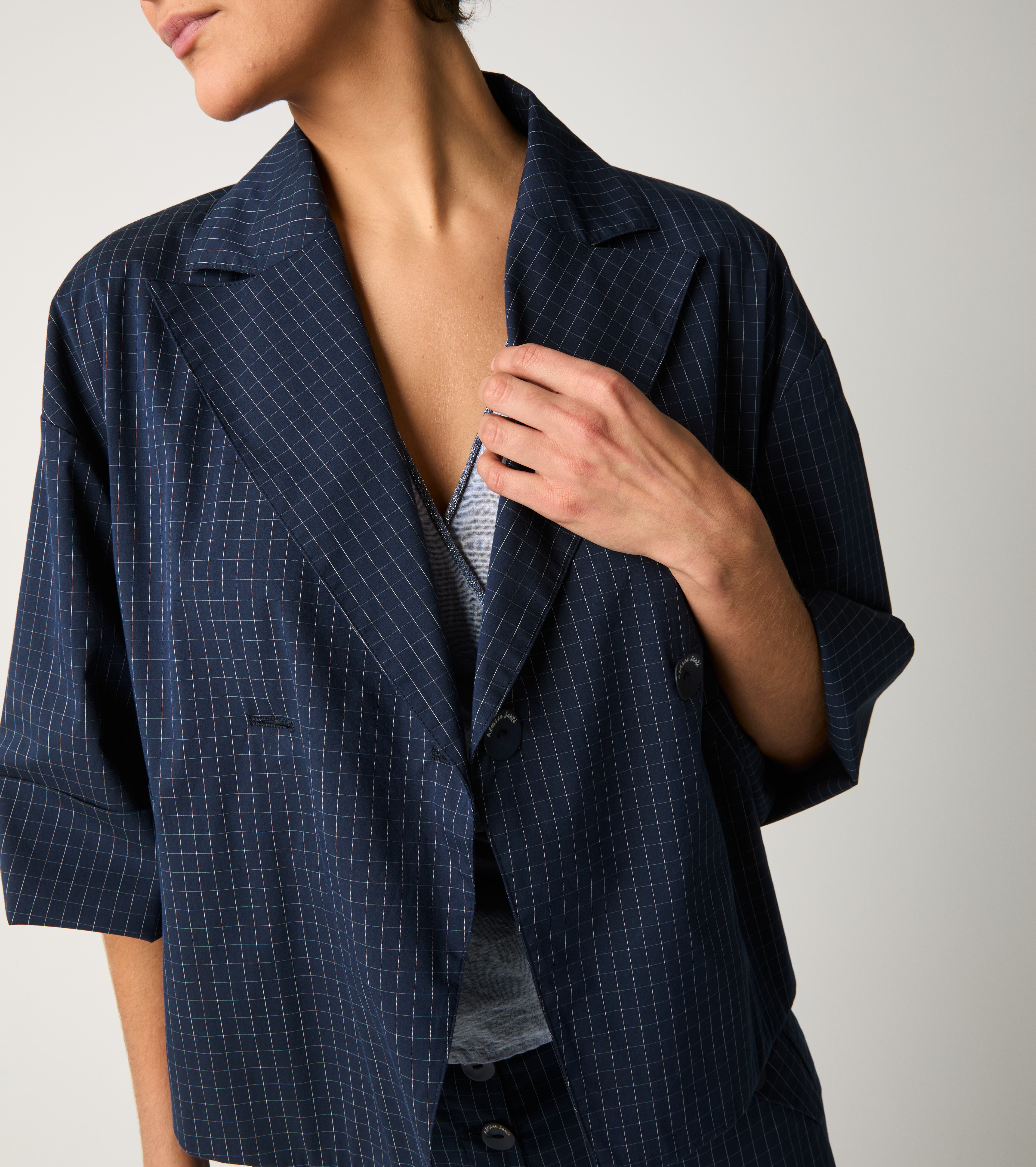 Blazer cropped in cotone check blu