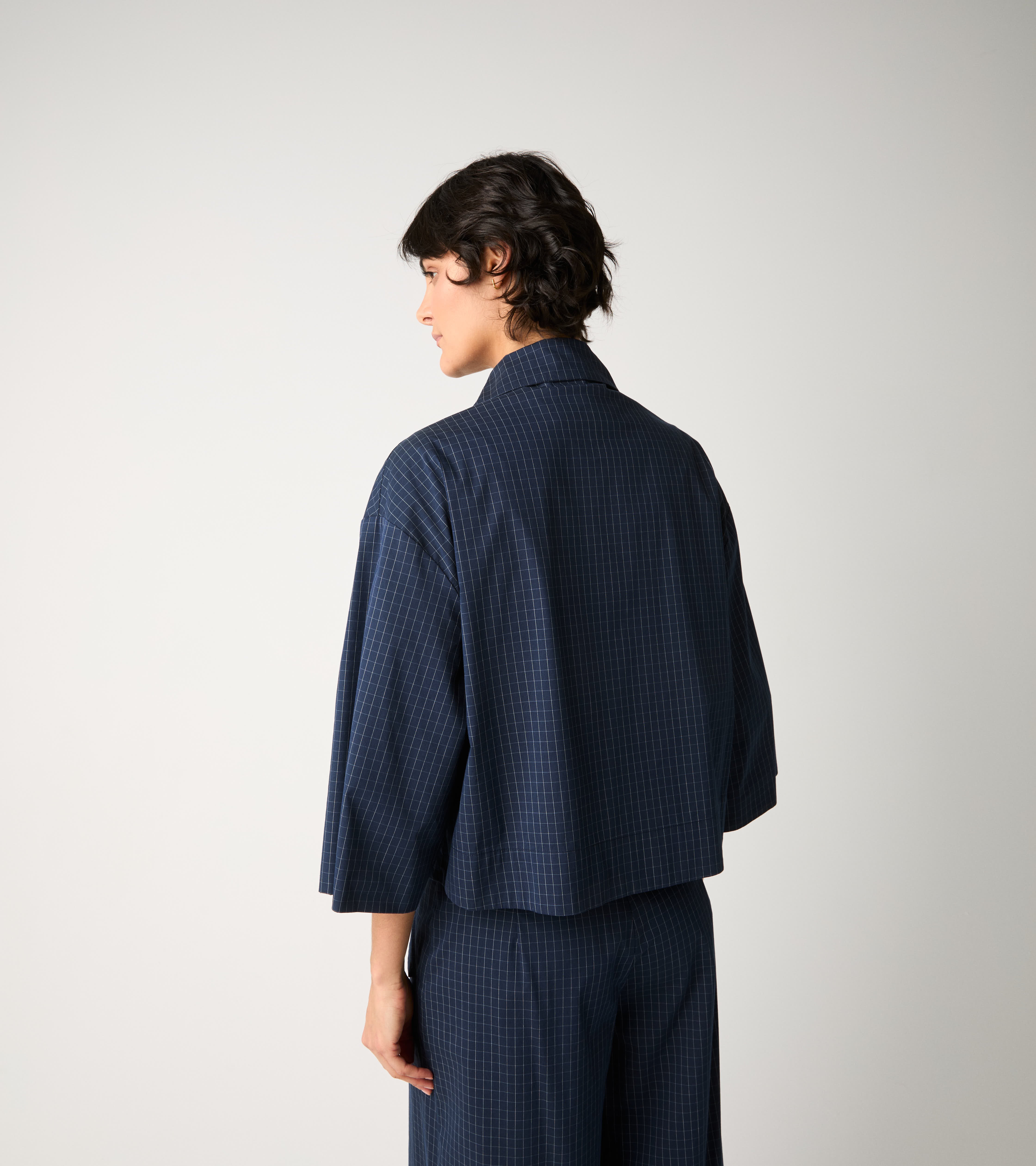 Blazer cropped in cotone check blu
