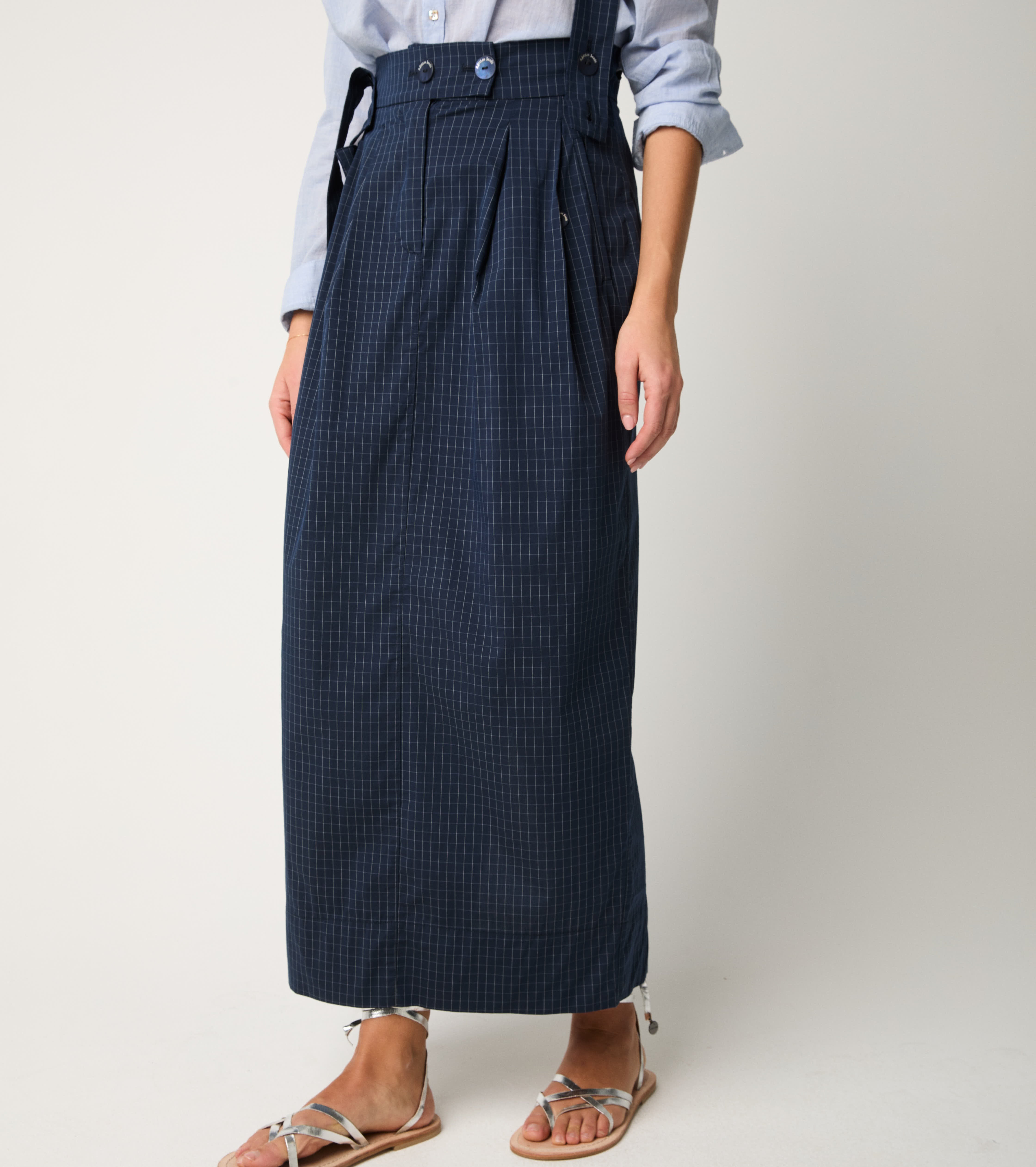 Gonna check con bretelle blu