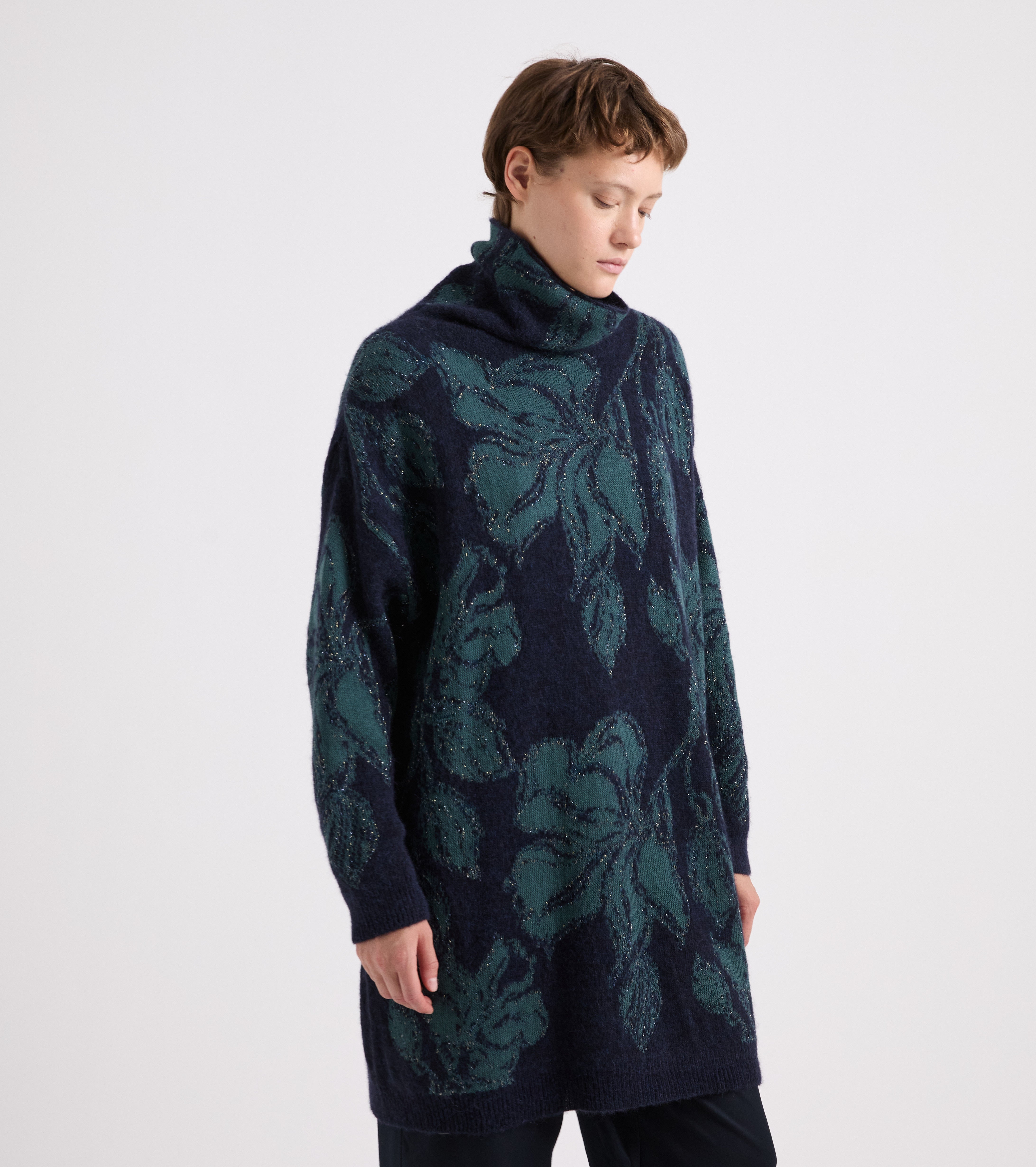Abito floreale in maglia e lurex blue grigio