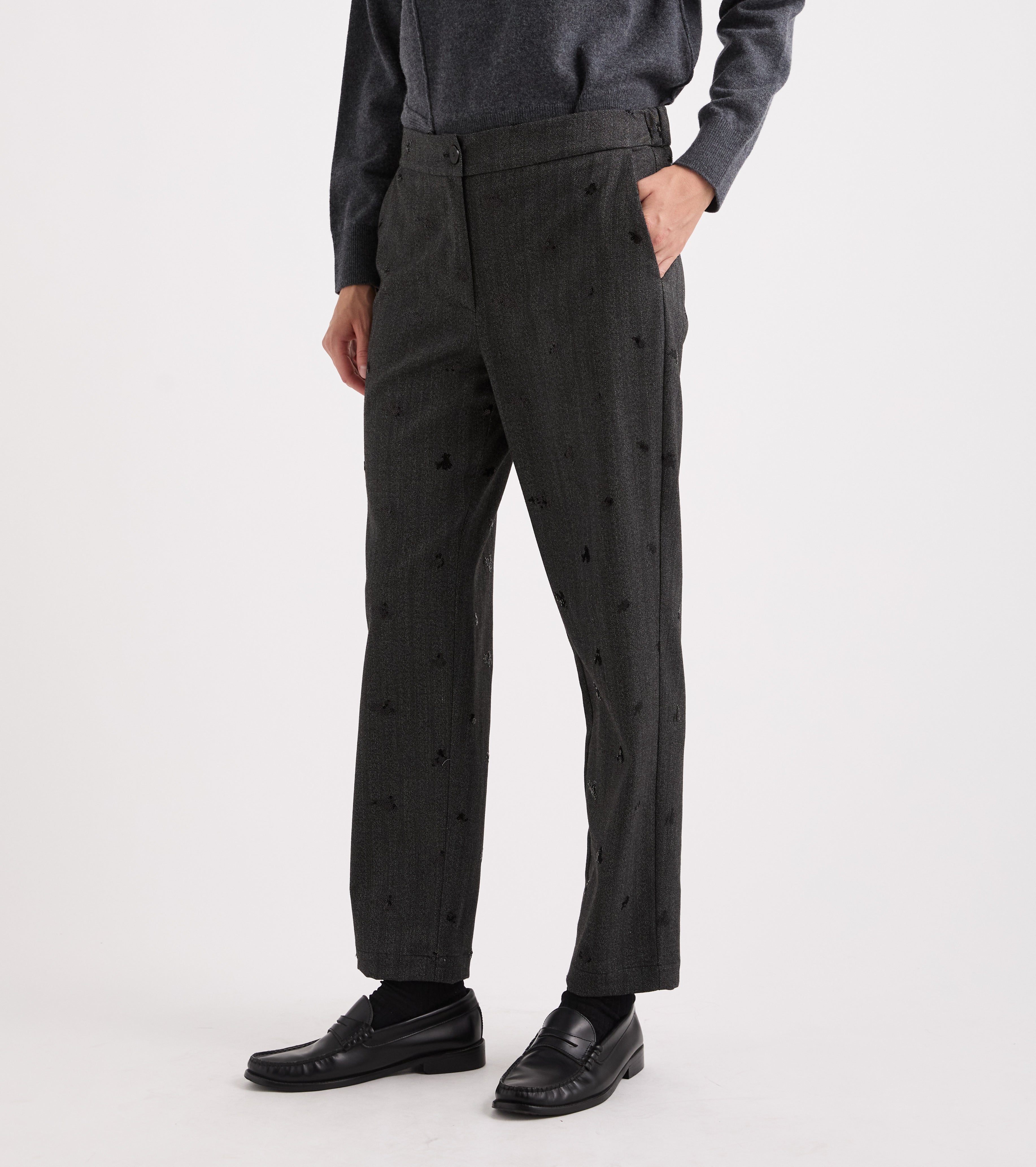 Pantaloni stretch con paillettes ricamate navy