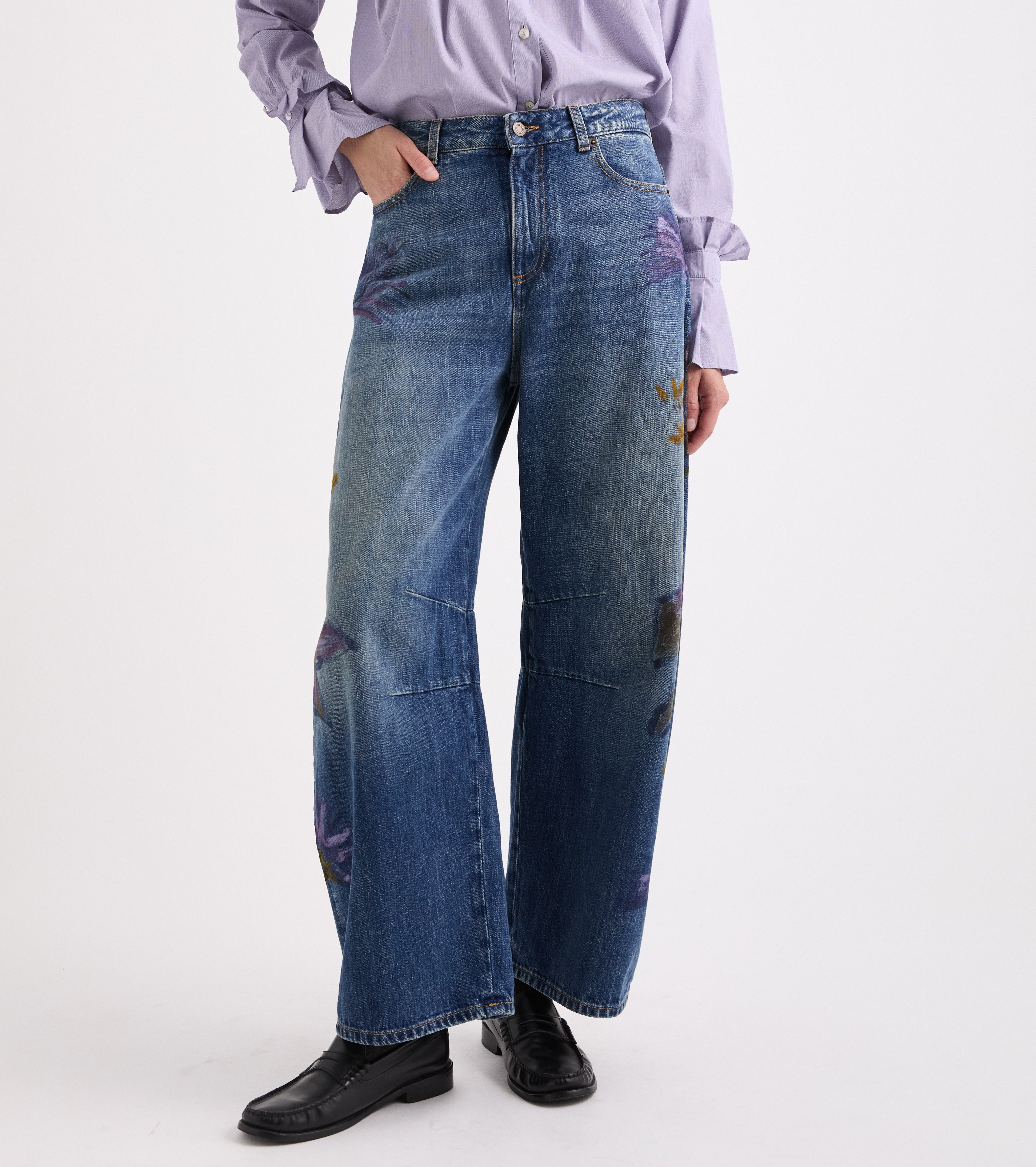 Vaqueros de pierna ancha de algodón con estampado floral