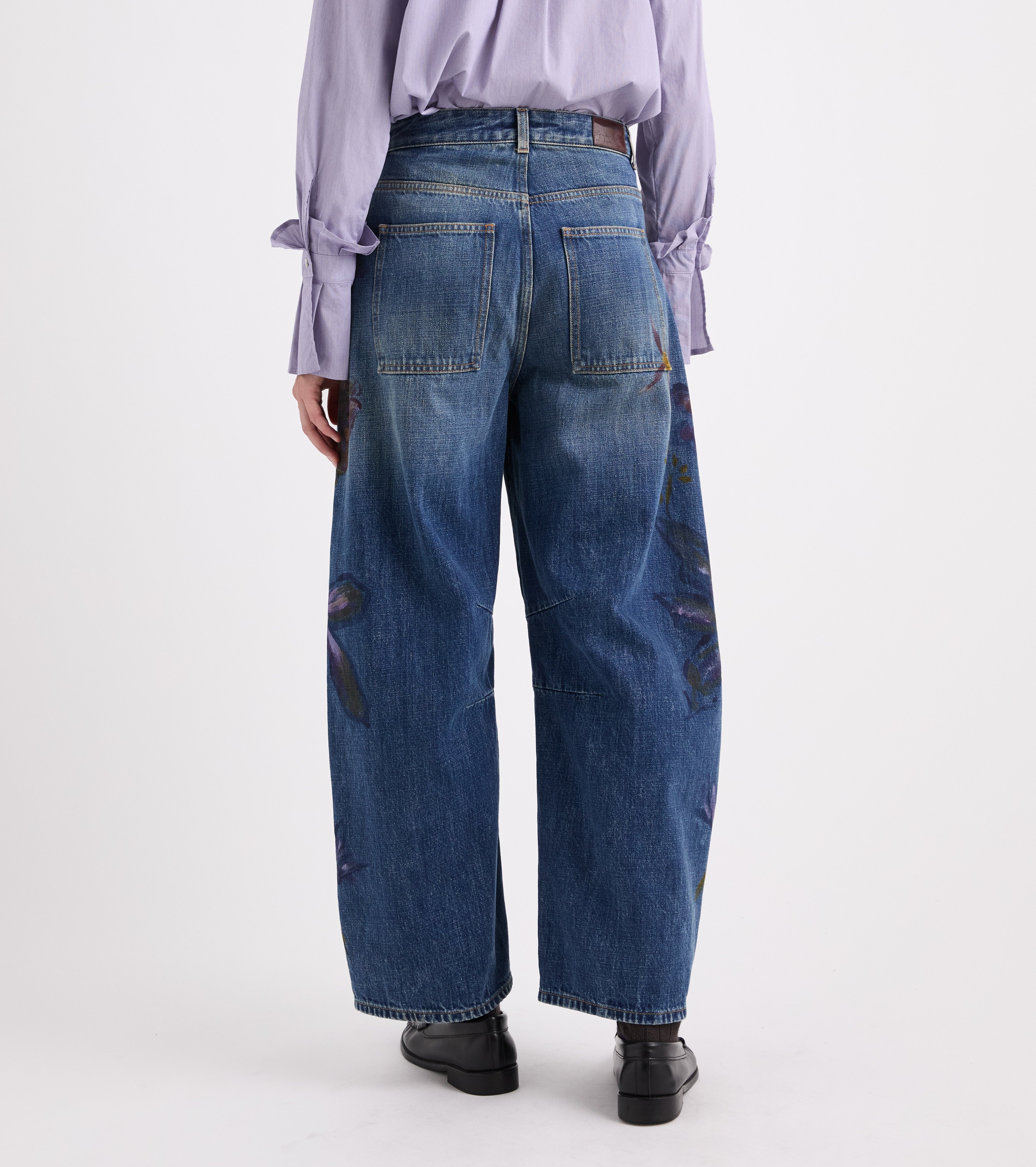 Jeans med brede ben i bomuld med blomstermønster