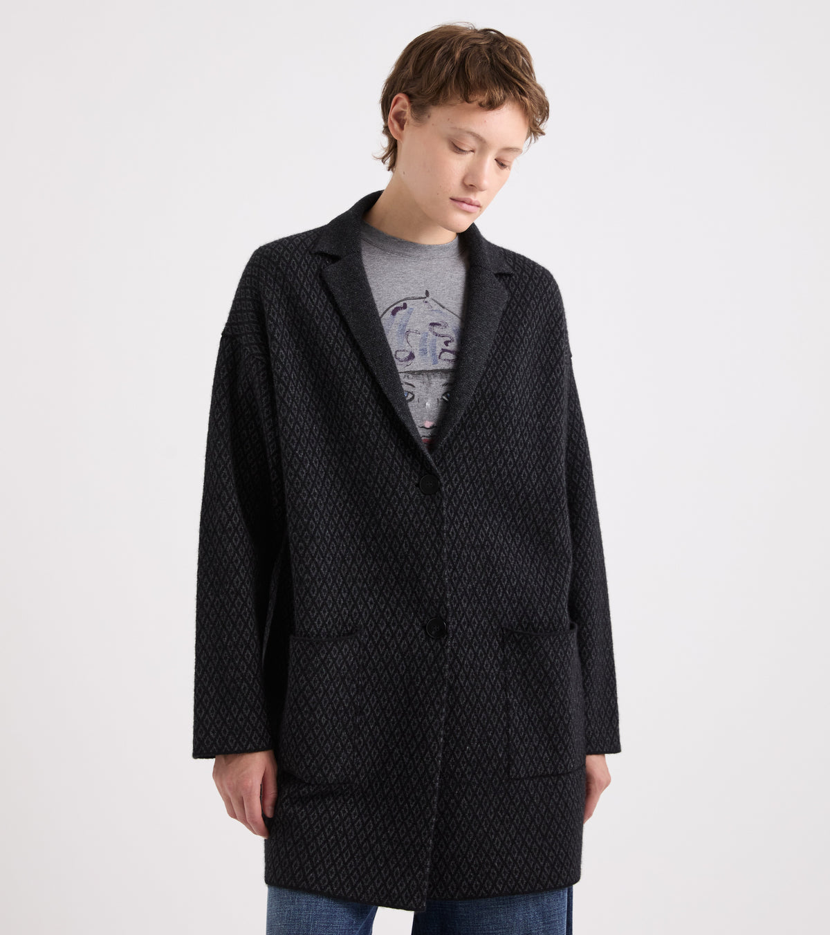 Cappotto jacquard con scollo a V marrone