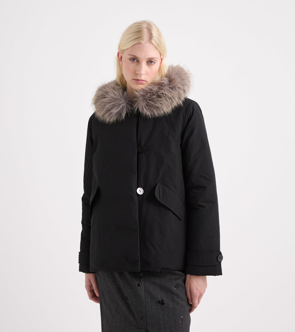 Cappotto con ecopelliccia e cappuccio check