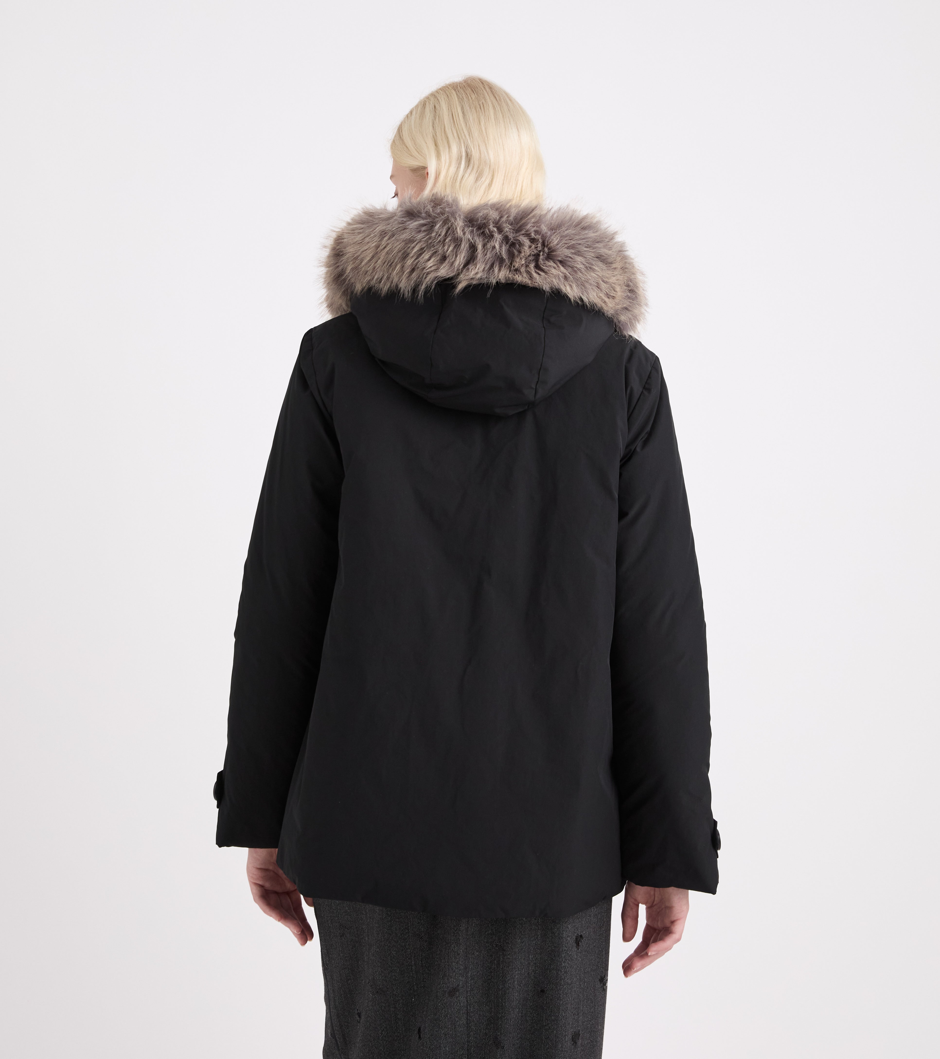 Cappotto con ecopelliccia e cappuccio check