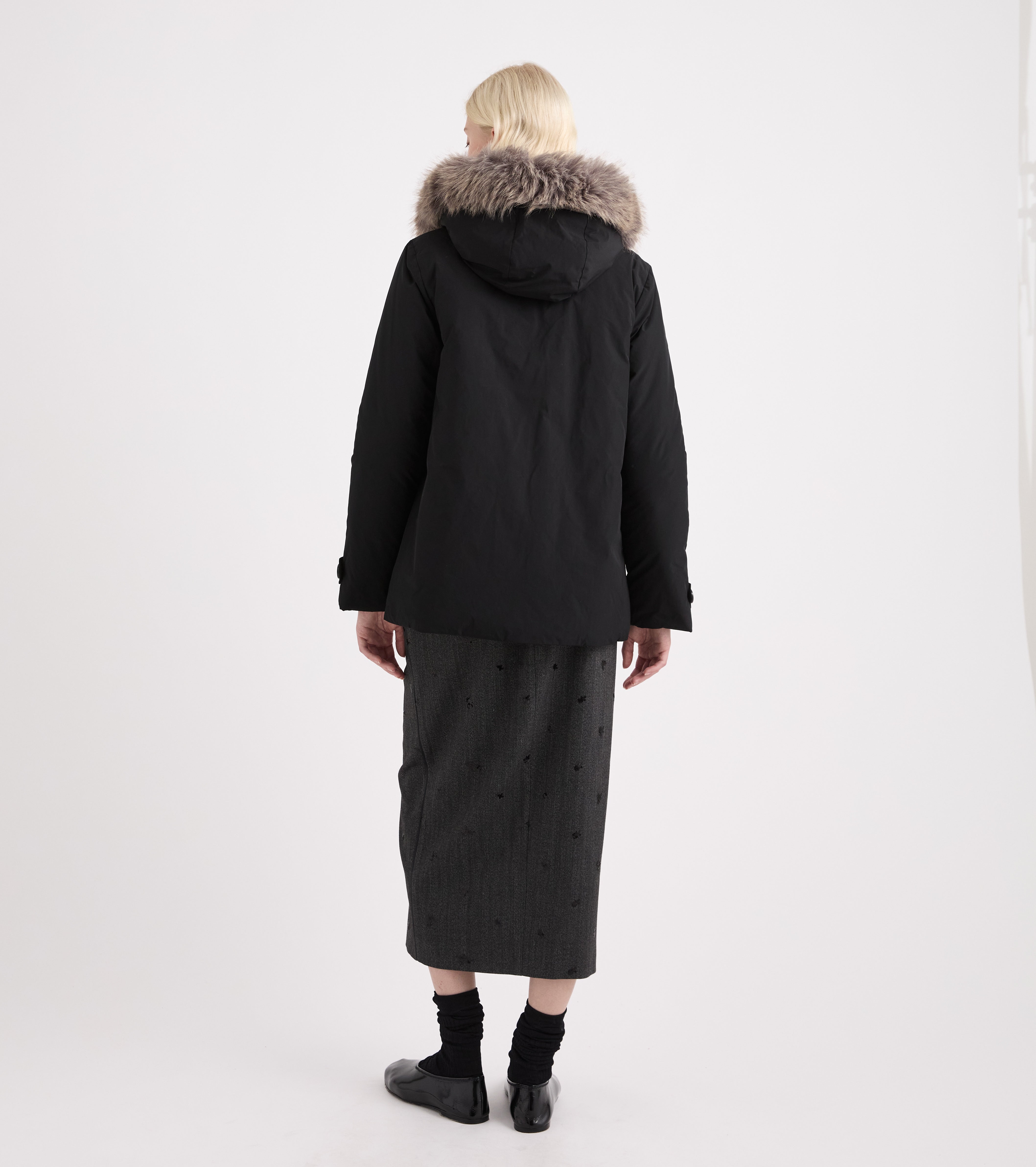 Cappotto con ecopelliccia e cappuccio check