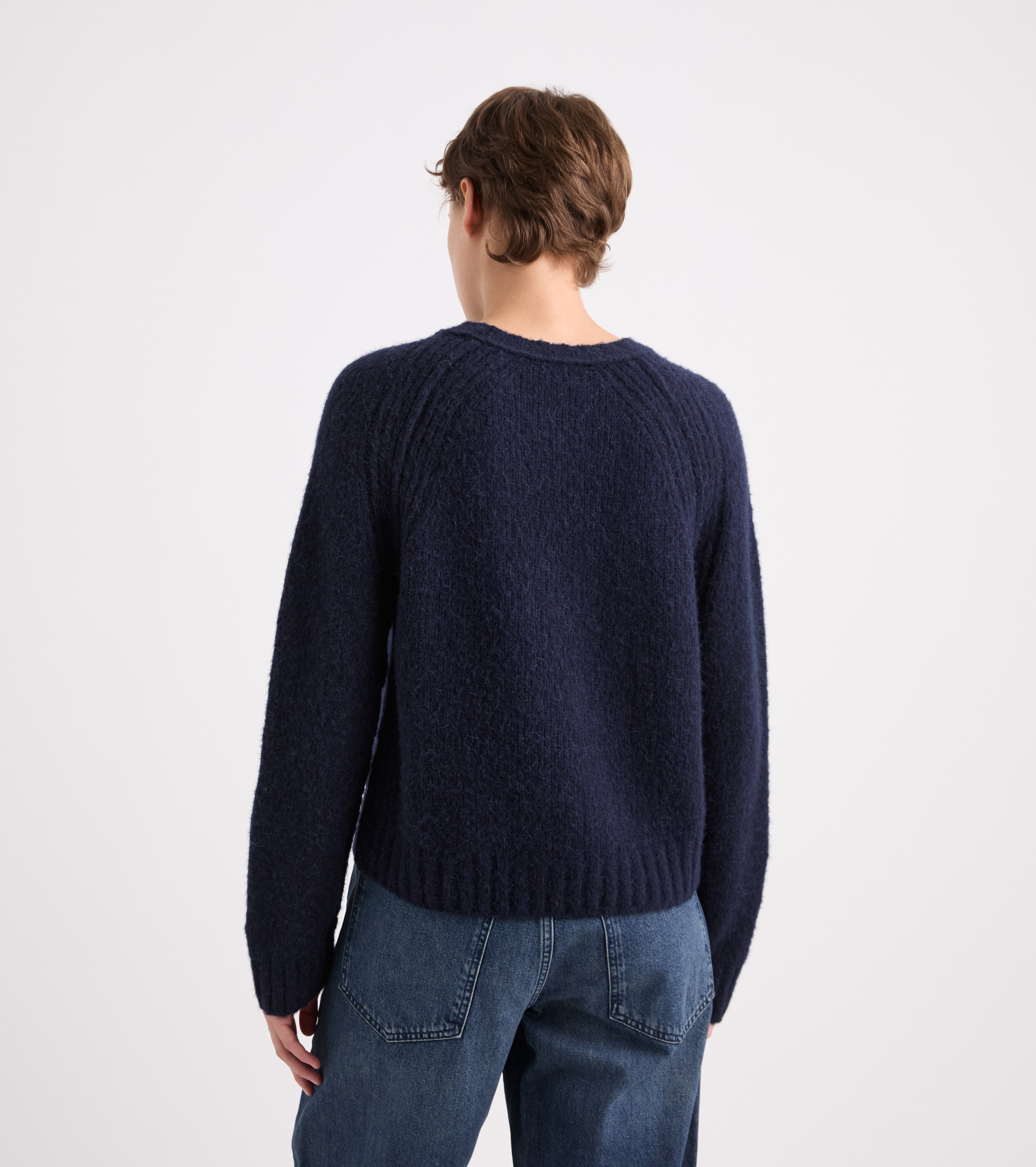 Blå, fløjlsagtig alpaca-blandingstrøje med rund hals