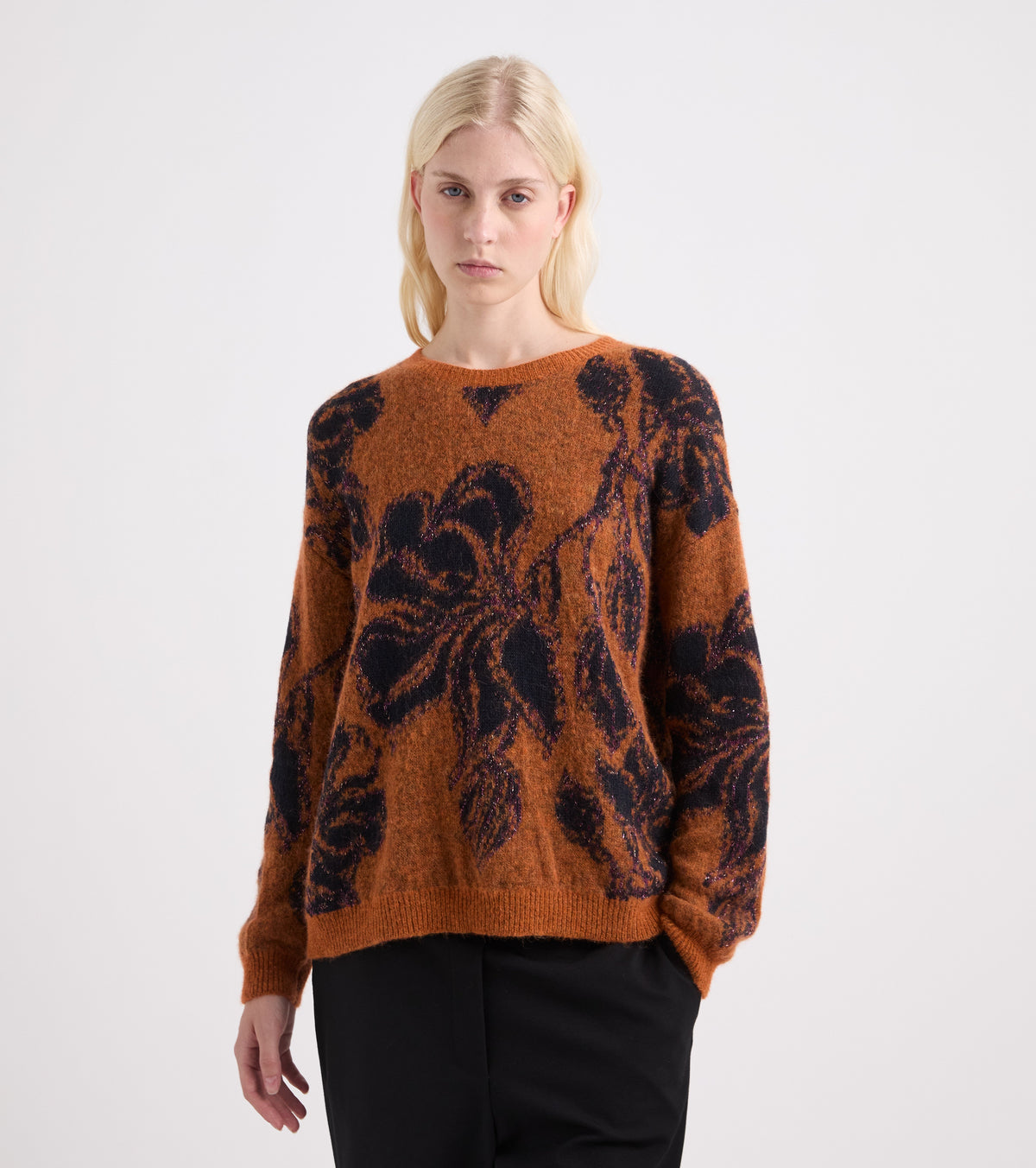 Floral jumper in a blend of alpaca and wool, in orange and navy