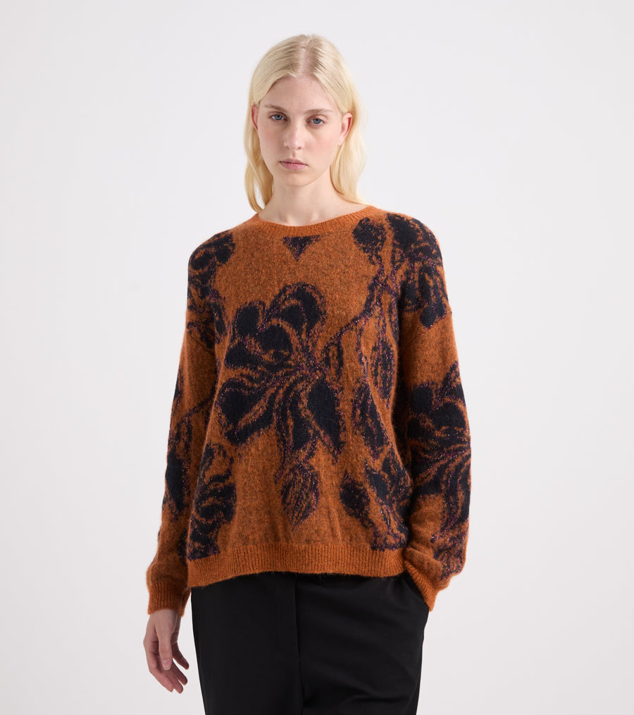 Maglia floreale in misto alpaca e lana arancio navy
