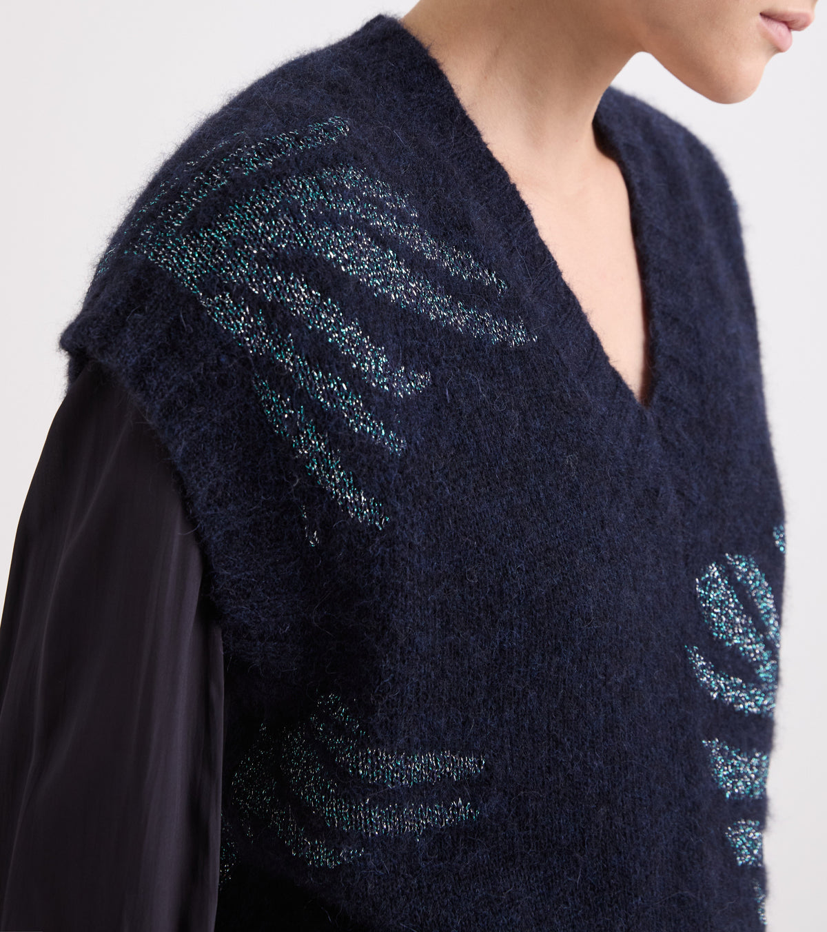 Navy lurex V-neck knitted top
