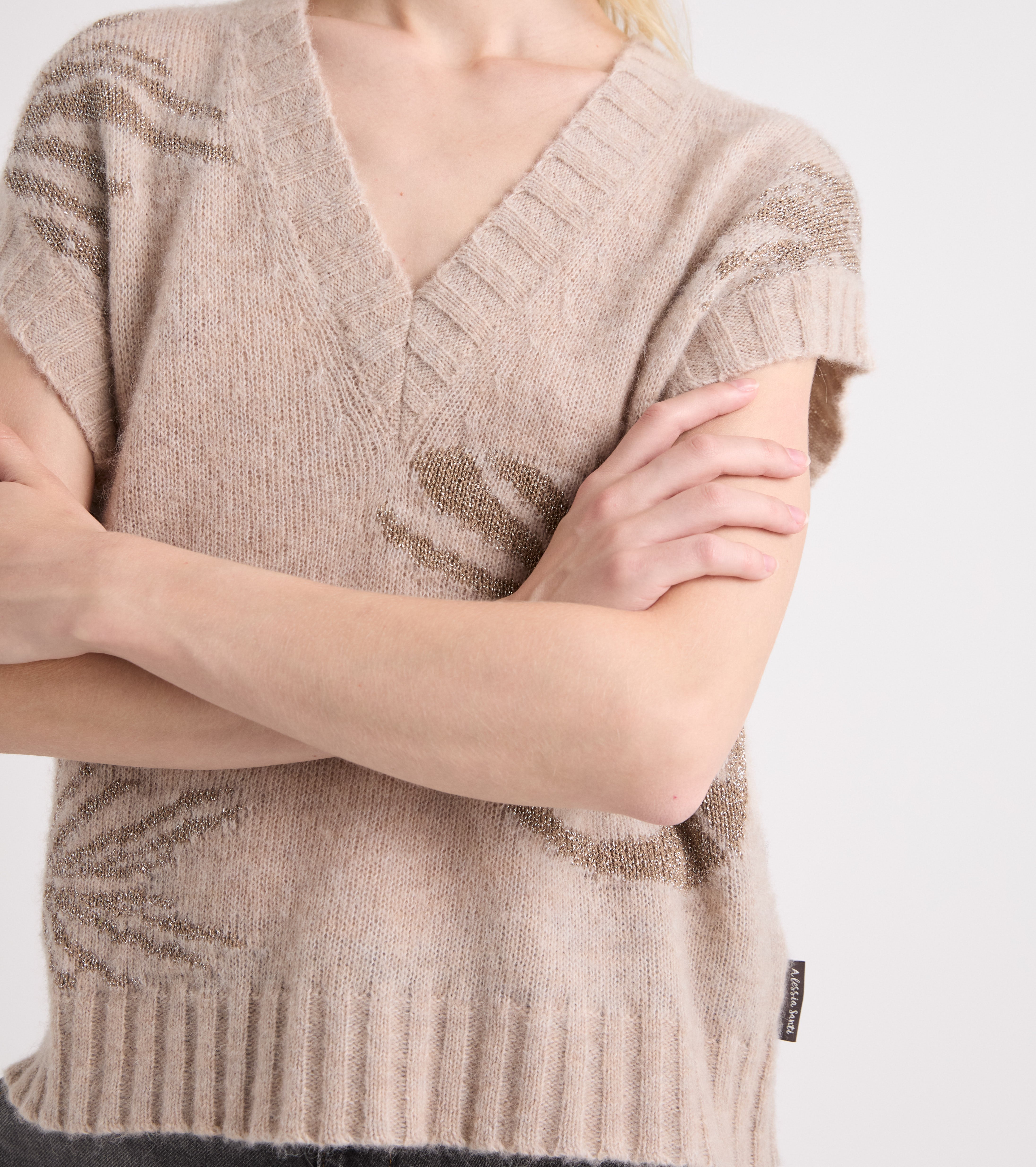 Top in maglia con scollo a V beige lurex