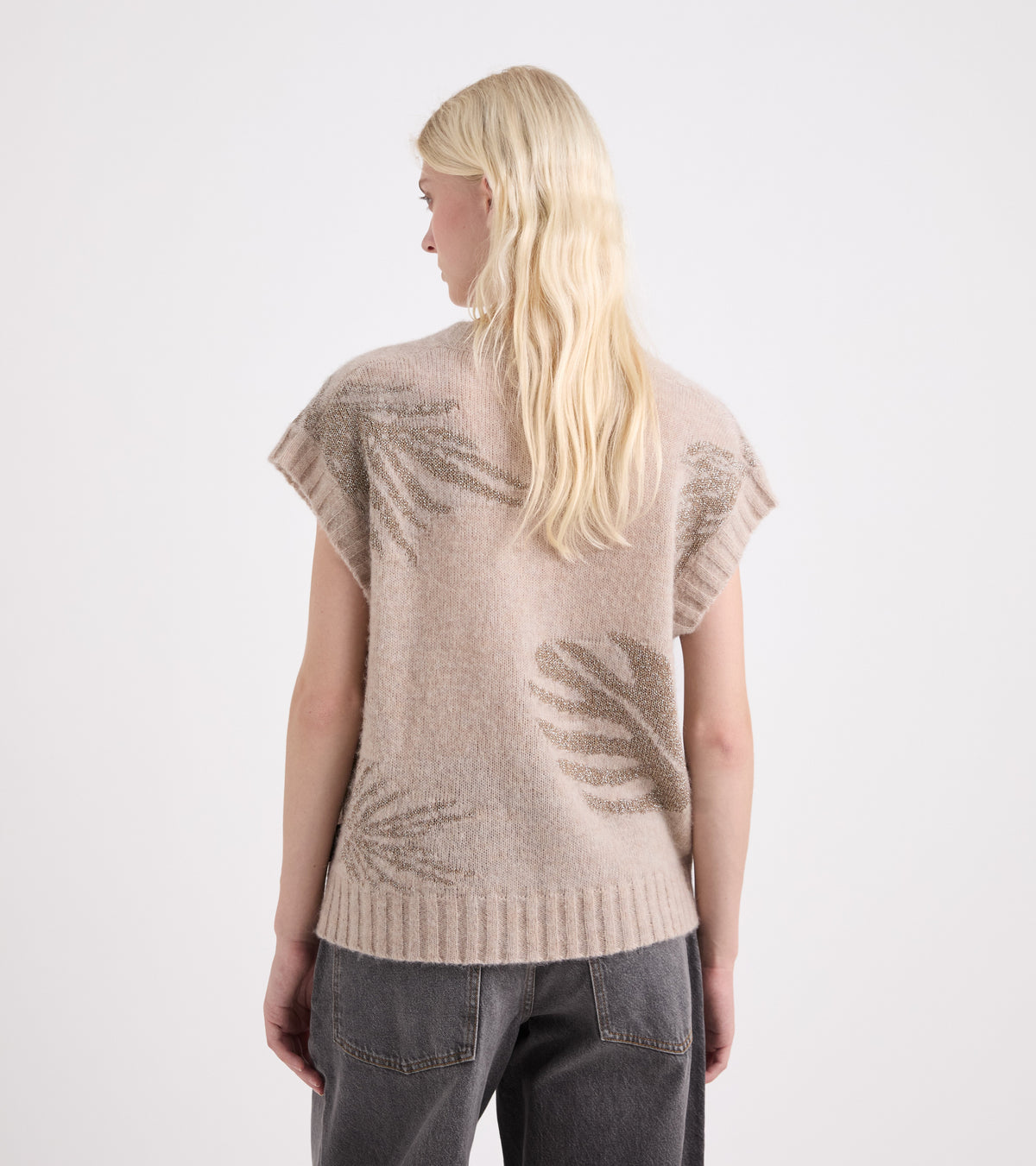 Top in maglia con scollo a V beige lurex