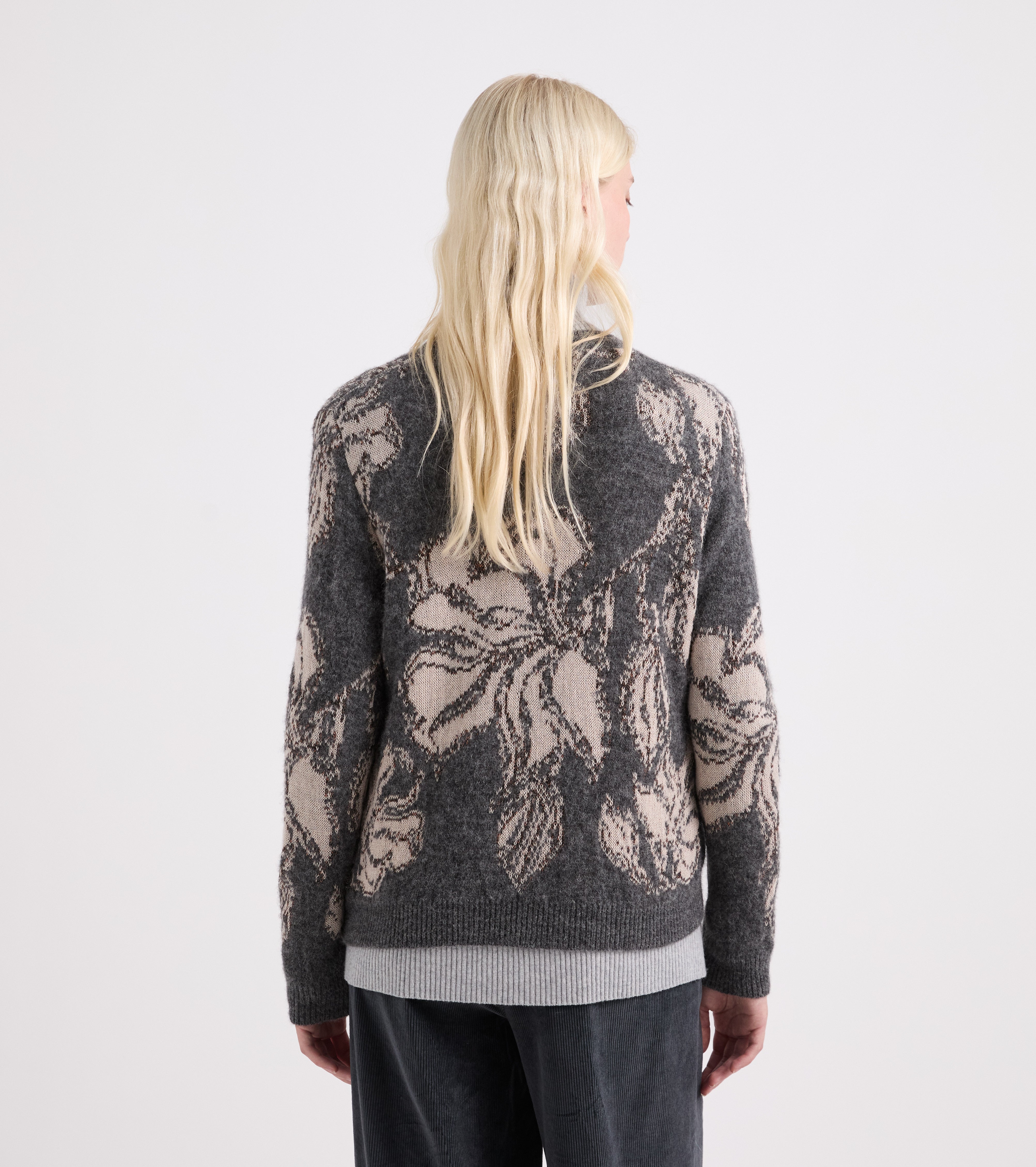 Blomstret cardigan i en blanding af alpaca i gråbeige