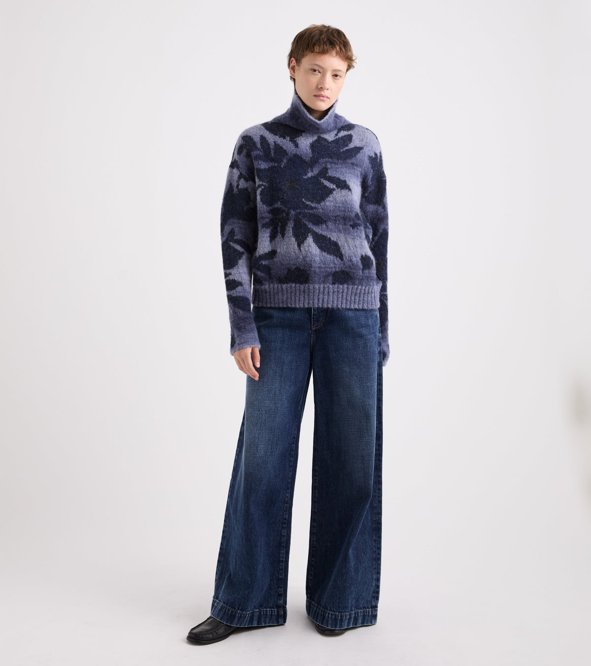 Navy blue jacquard wool-blend roll-neck jumper
