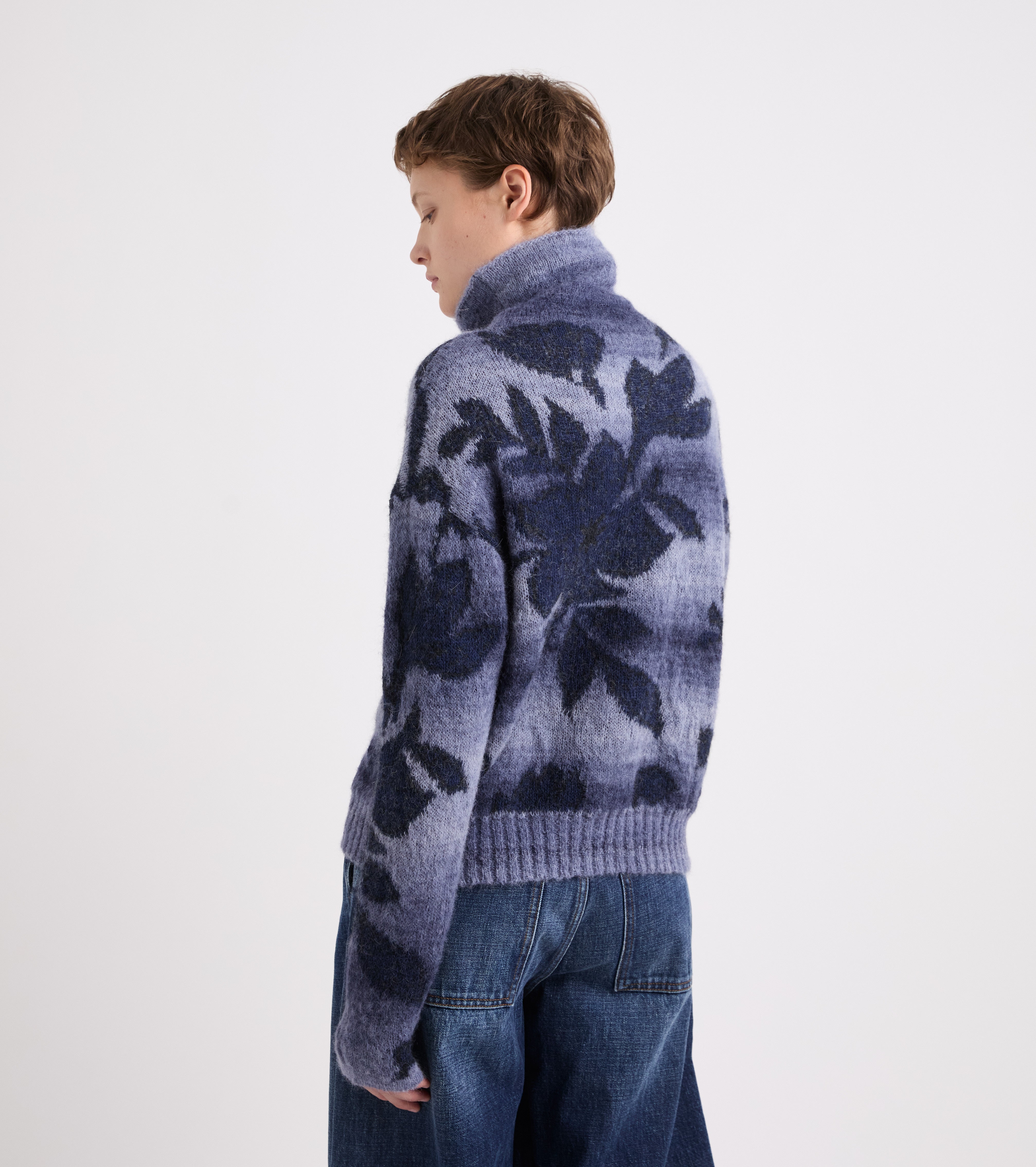 Rullekravebluse i jacquard af uldblanding i marineblå