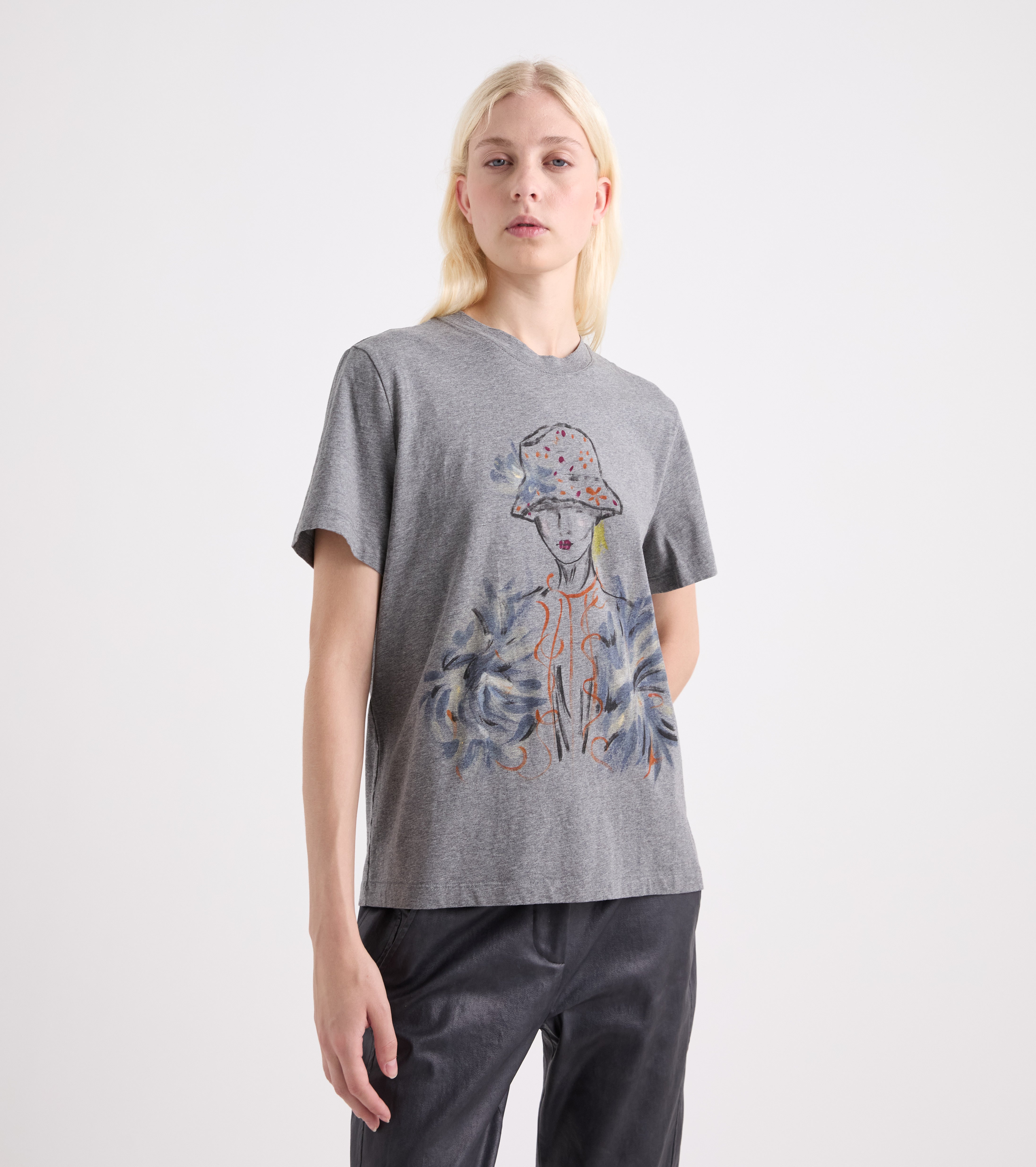 T-shirt med rund hals og korte ærmer i grå melange