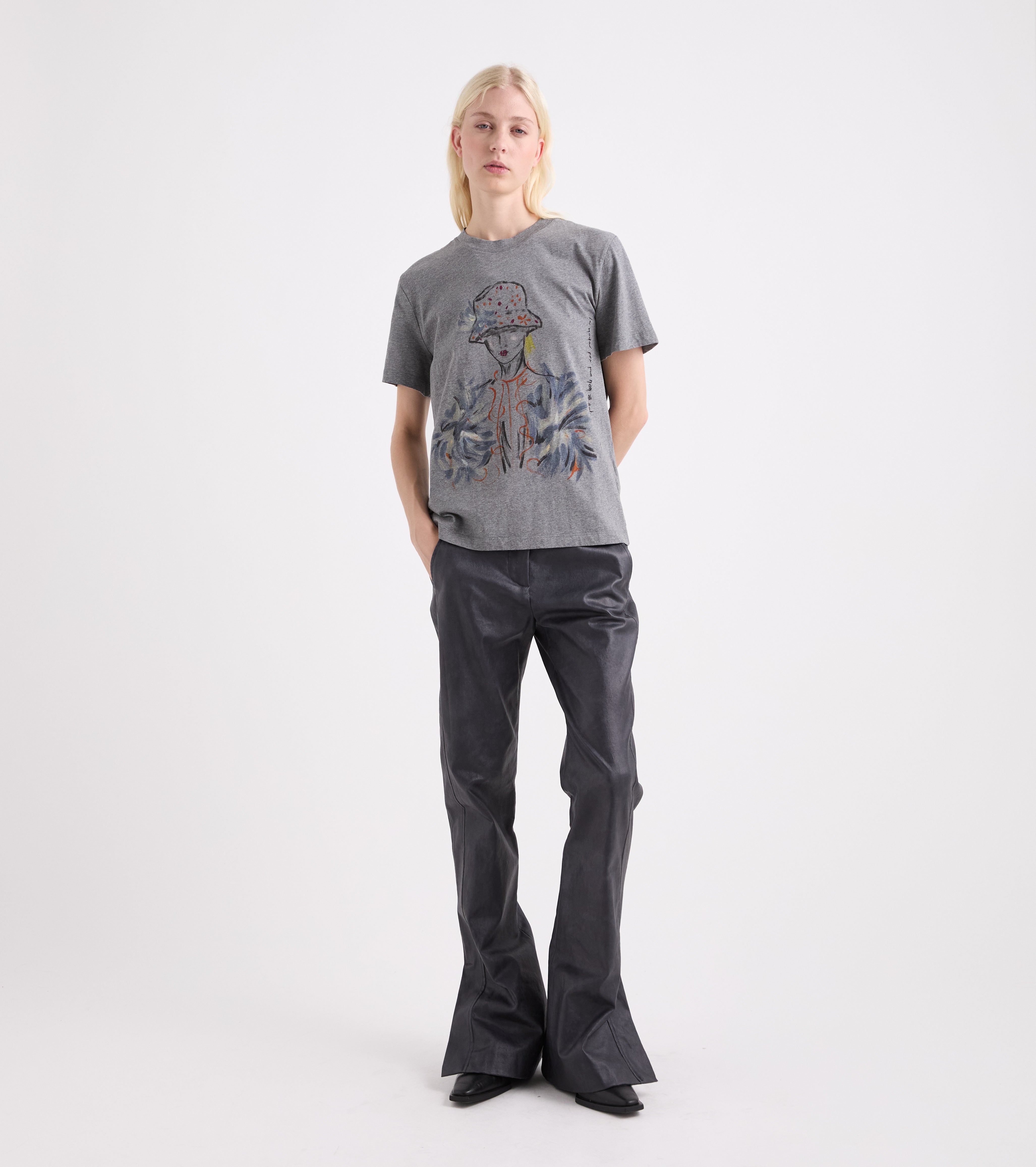 T-shirt med rund hals og korte ærmer i grå melange
