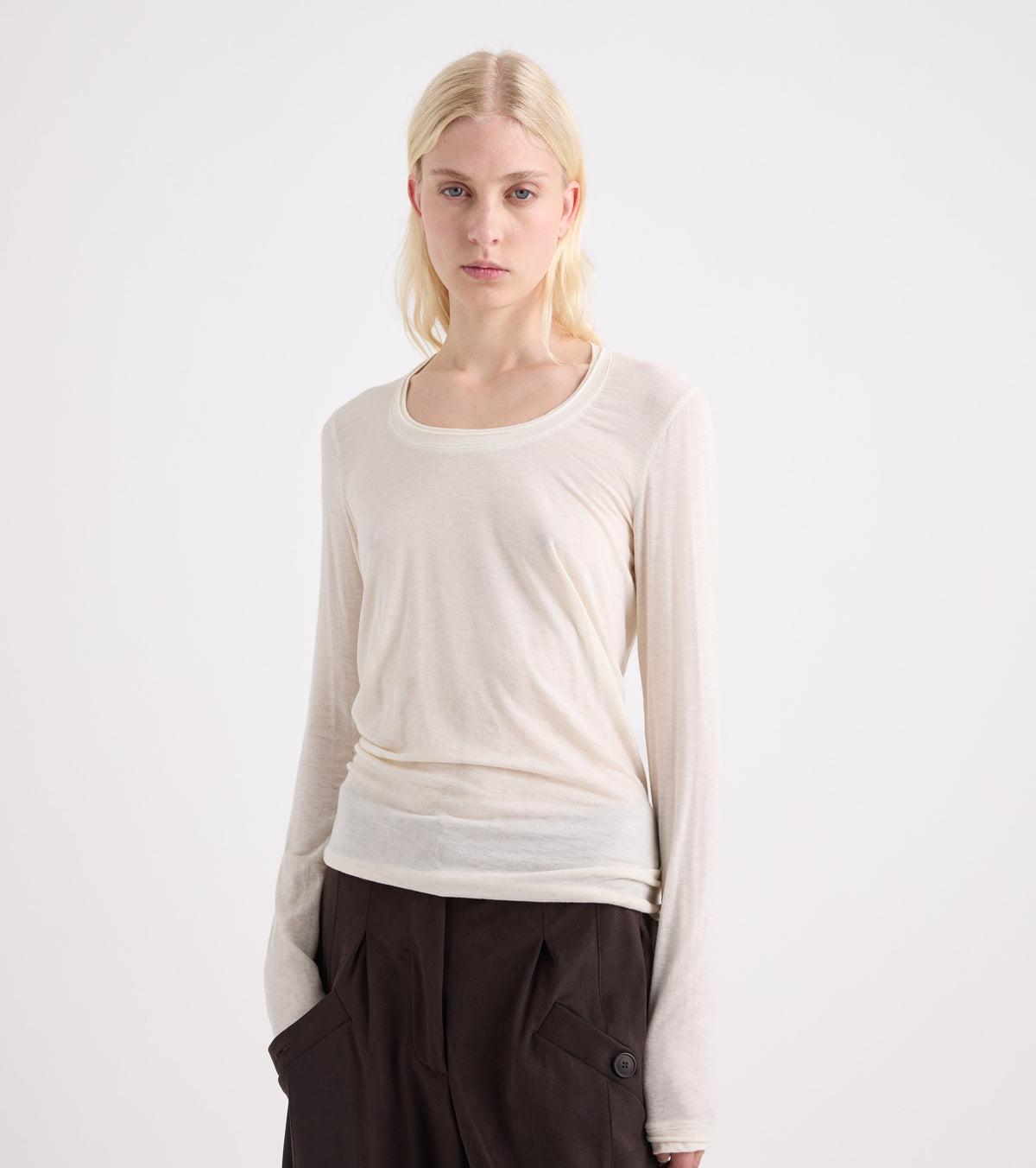 Stretch jersey T-shirt with long sleeves in papyrus colour