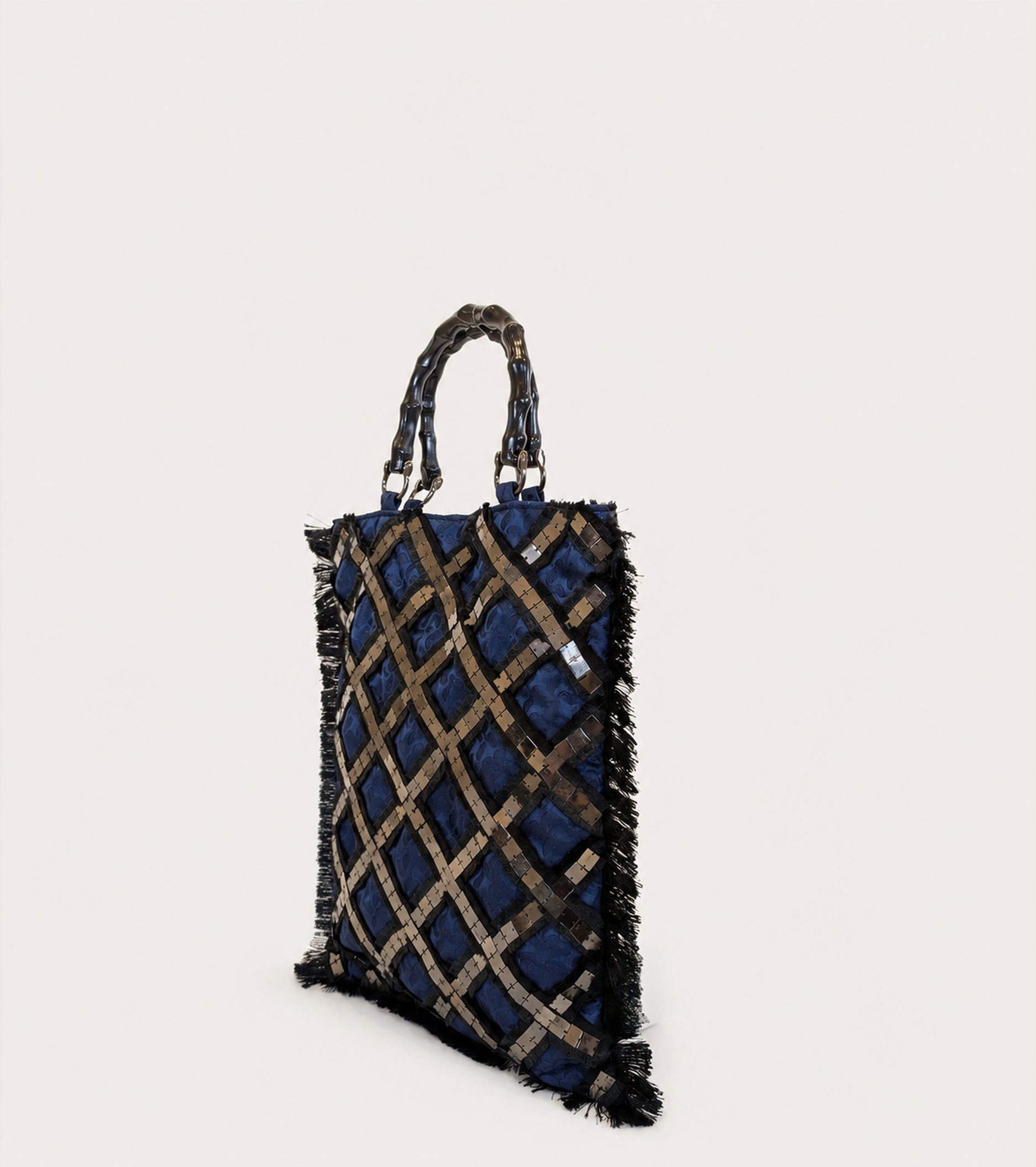 Borsa a spalla jacquard con frange bluette nero
