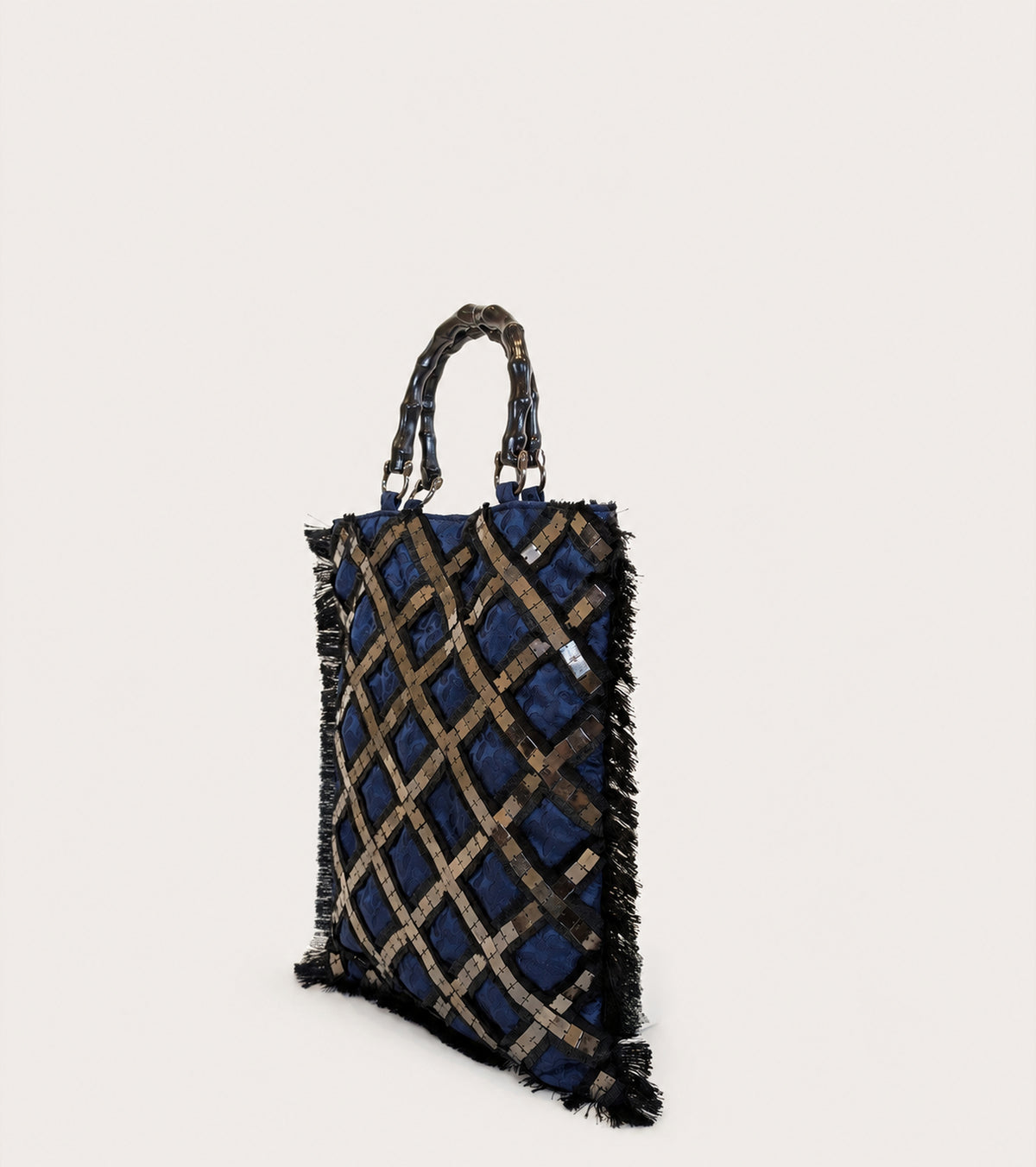 Borsa a spalla jacquard con frange bluette nero