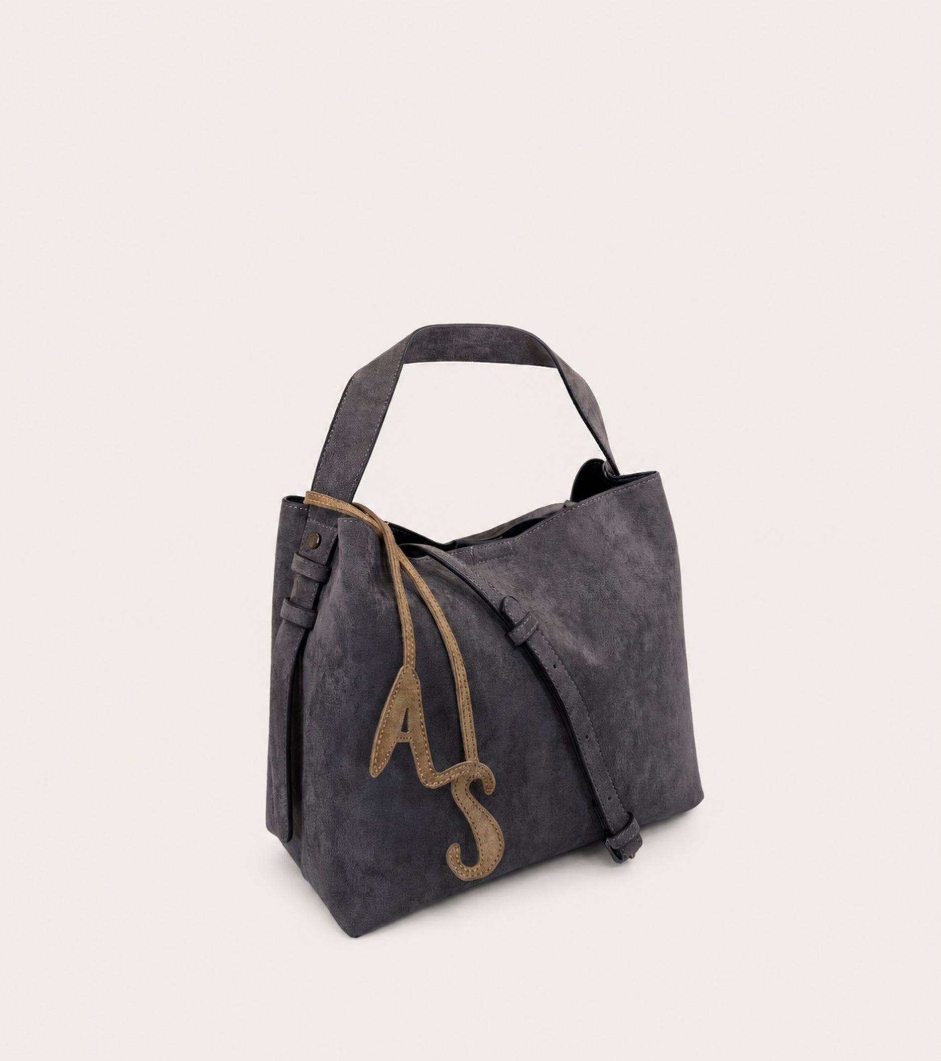 Borsa a secchiello in ecopelle scamosciata lavagna