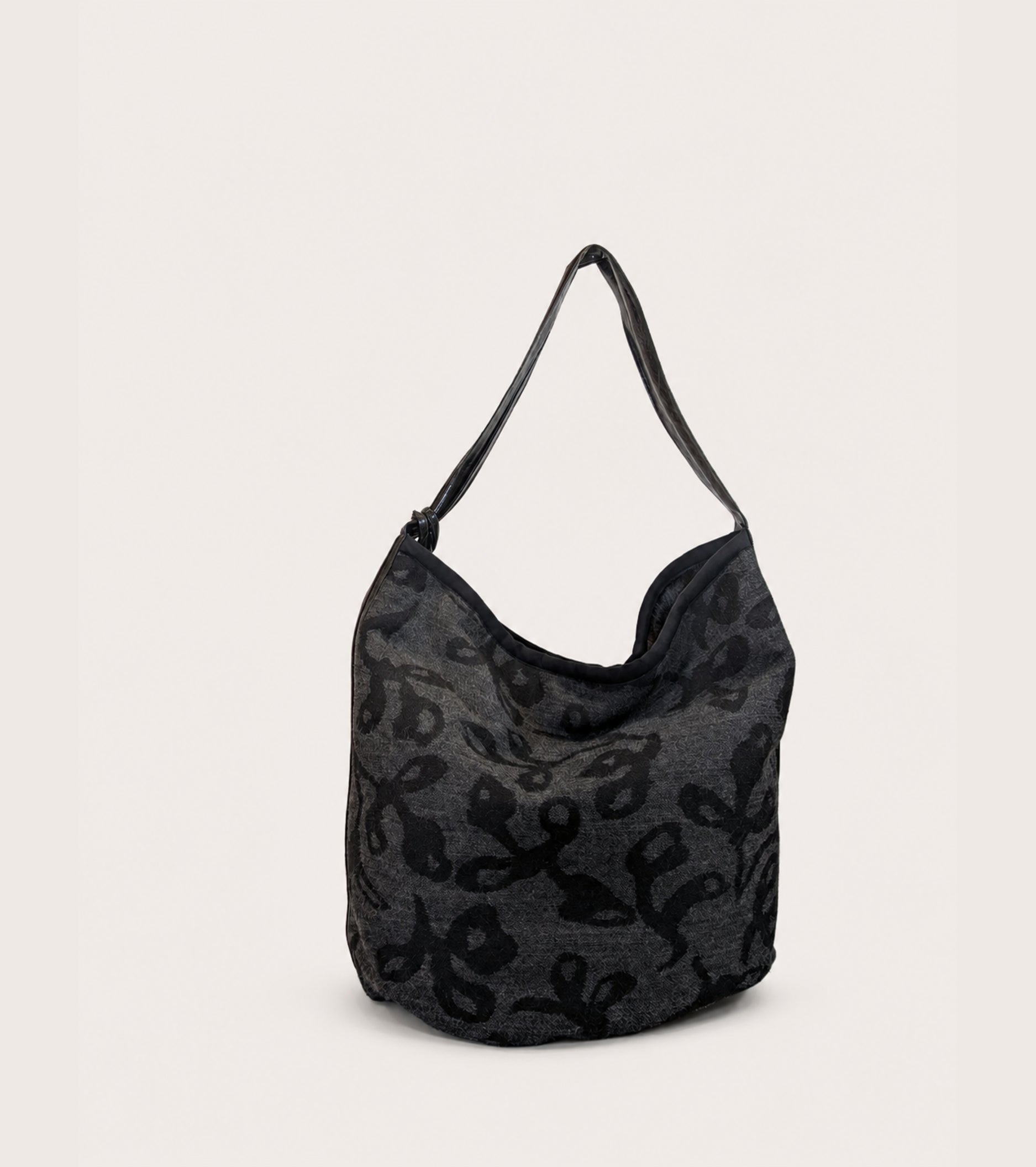 Borsa a secchiello in misto lana jacquard antracite fiore