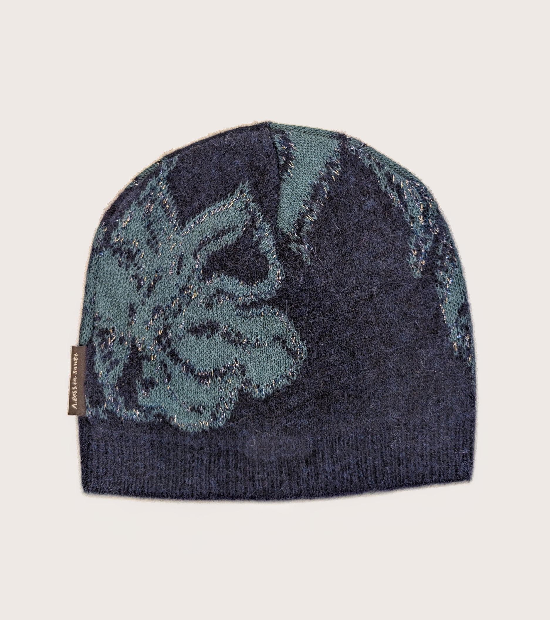 Beanie-hue i bomuld og alpaca, marineblå og grøn