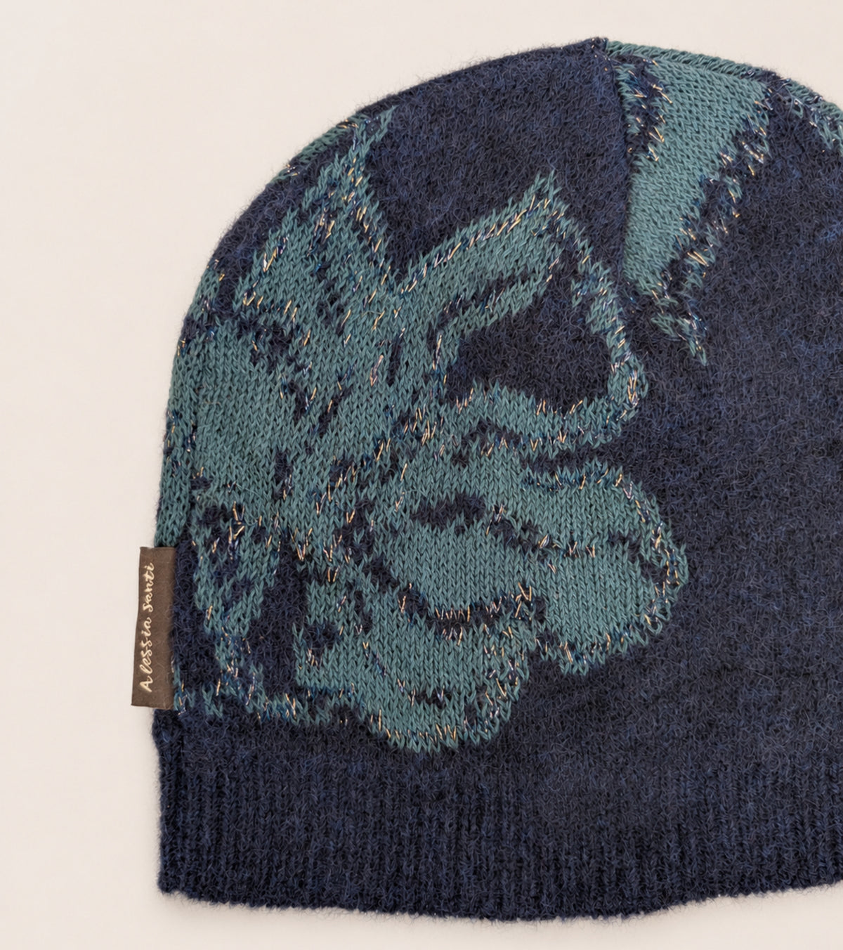 Beanie-hue i bomuld og alpaca, marineblå og grøn