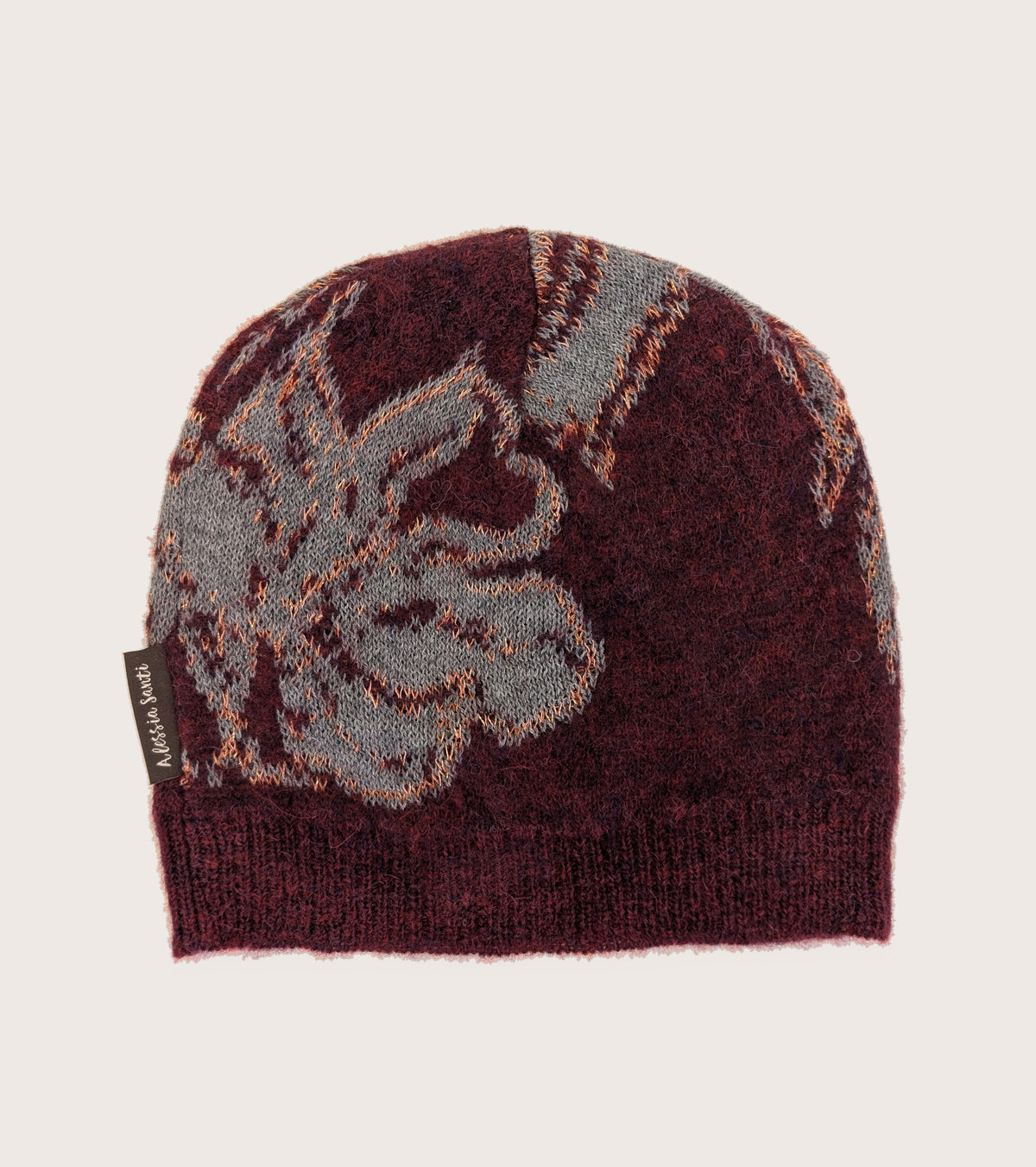 Beanie-hue i bomuld og alpaca, bordeaux og grå