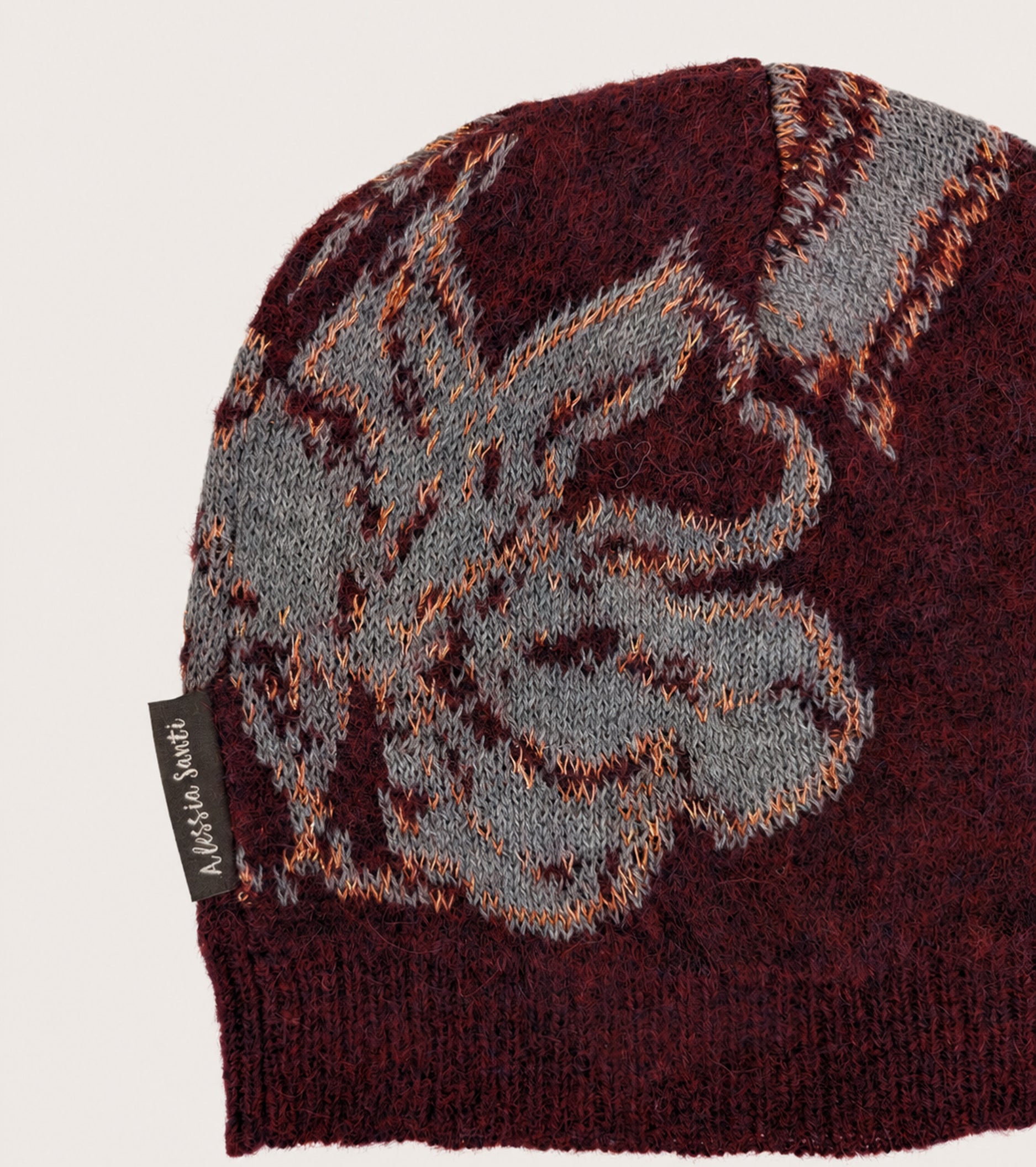 Beanie-hue i bomuld og alpaca, bordeaux og grå